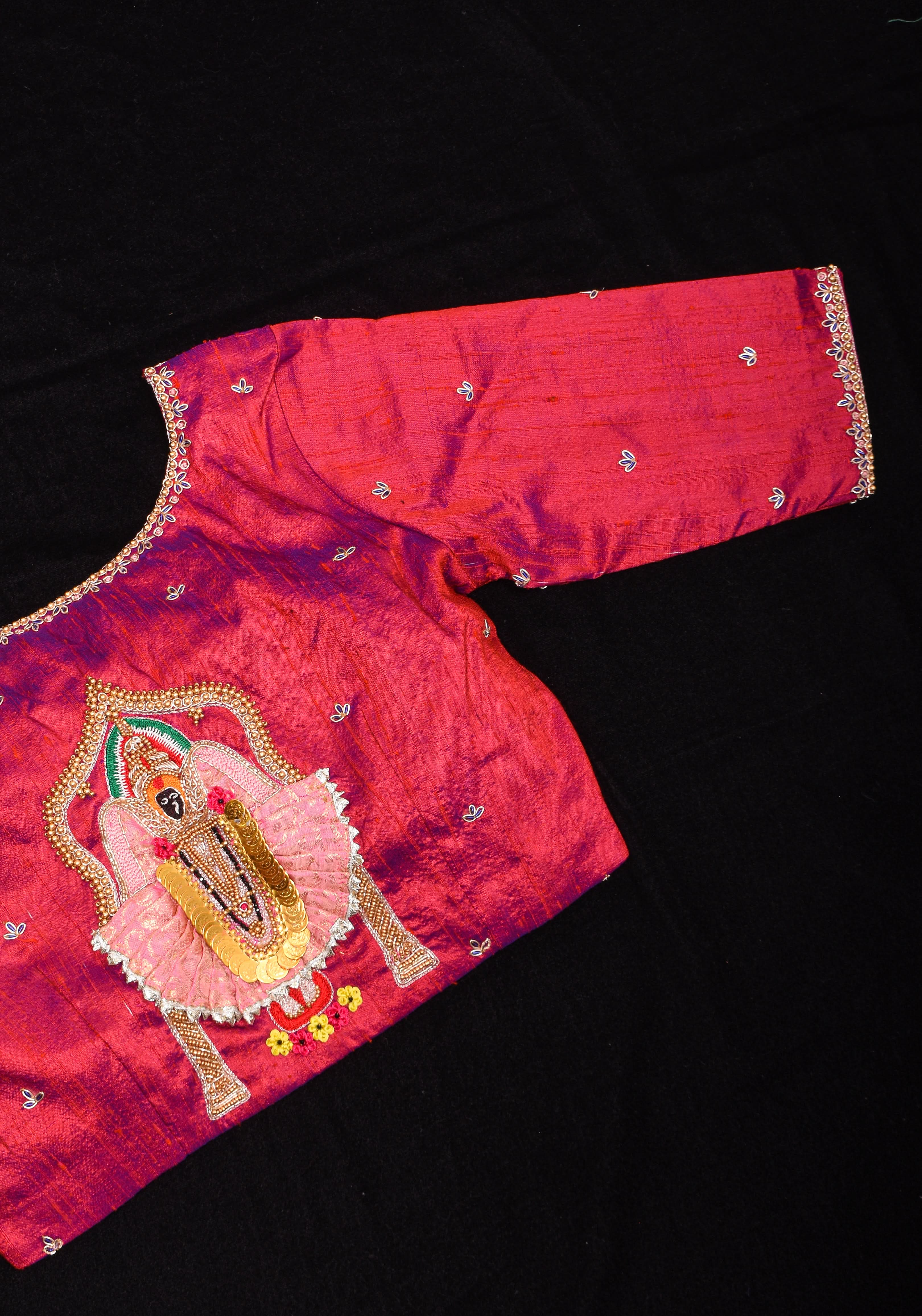 Kolhapuri Mahalakshmi Handwork Blouse on Fuchsia Dual Tone Pure Raw Silk | Made to Order | Shobitam