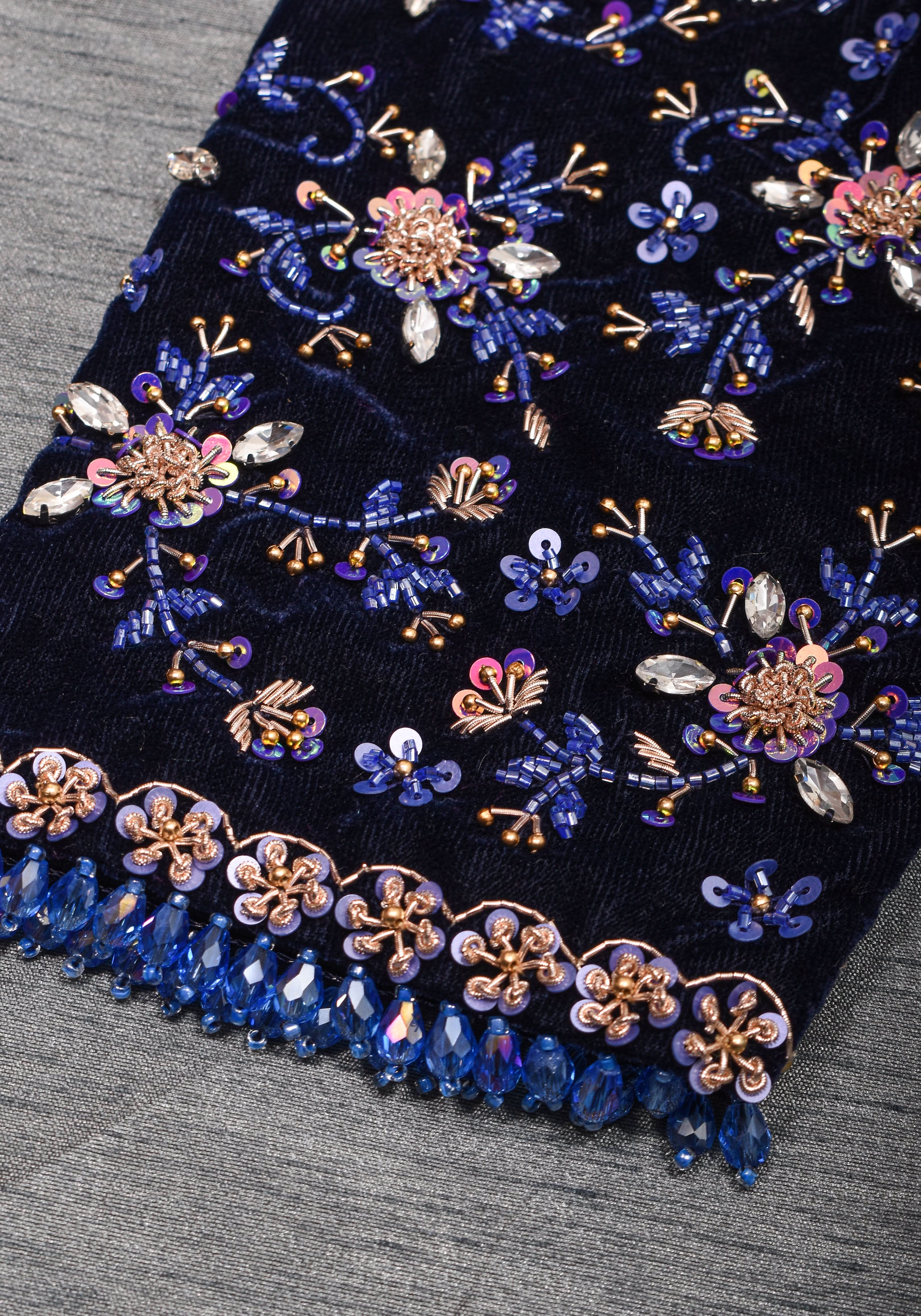 Exquisite Jadau Blouse sequin and crystal handwork on navy blue velvet blouse , Made to Order | Shobitam