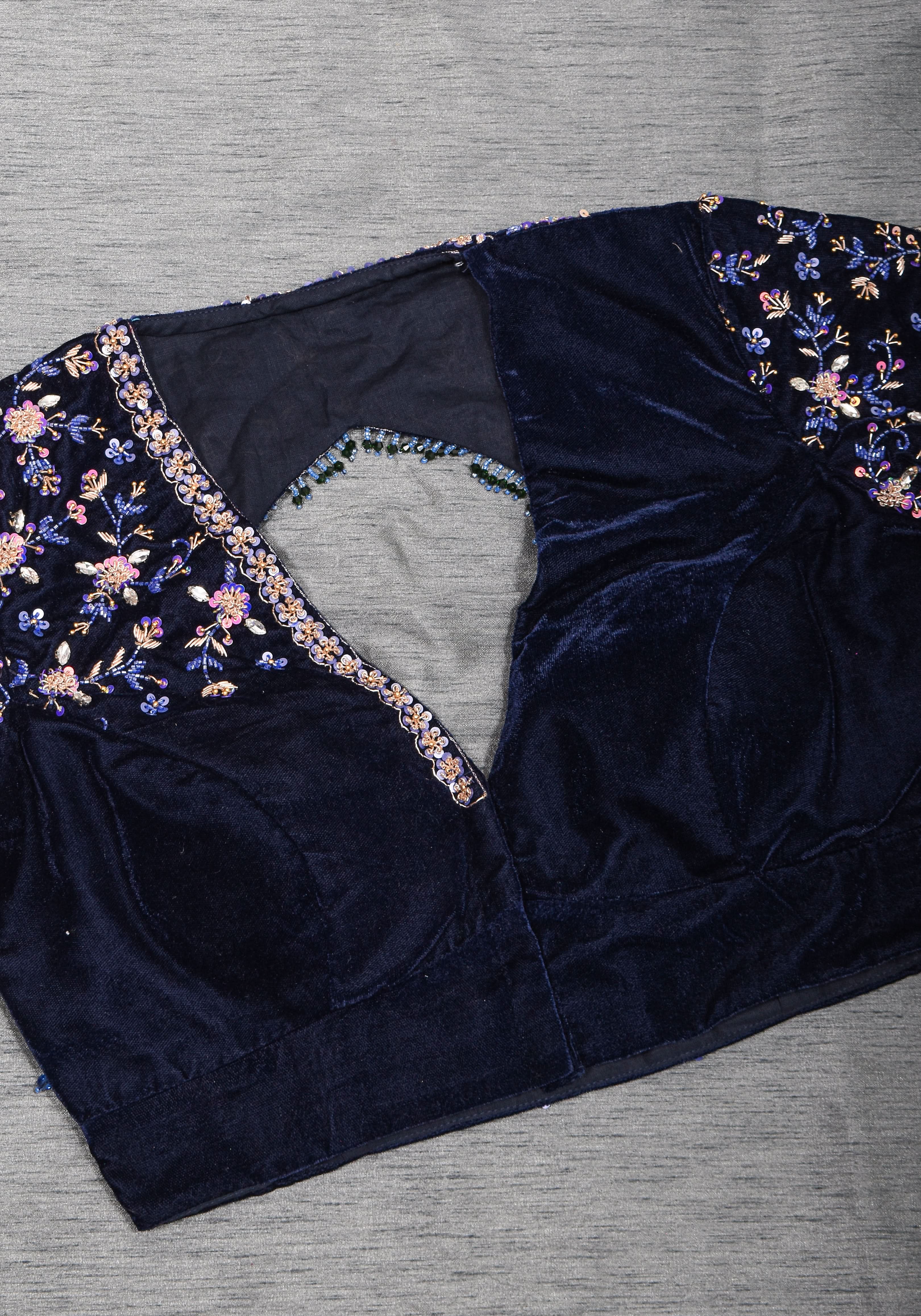 Exquisite Jadau Blouse sequin and crystal handwork on navy blue velvet blouse , Made to Order | Shobitam