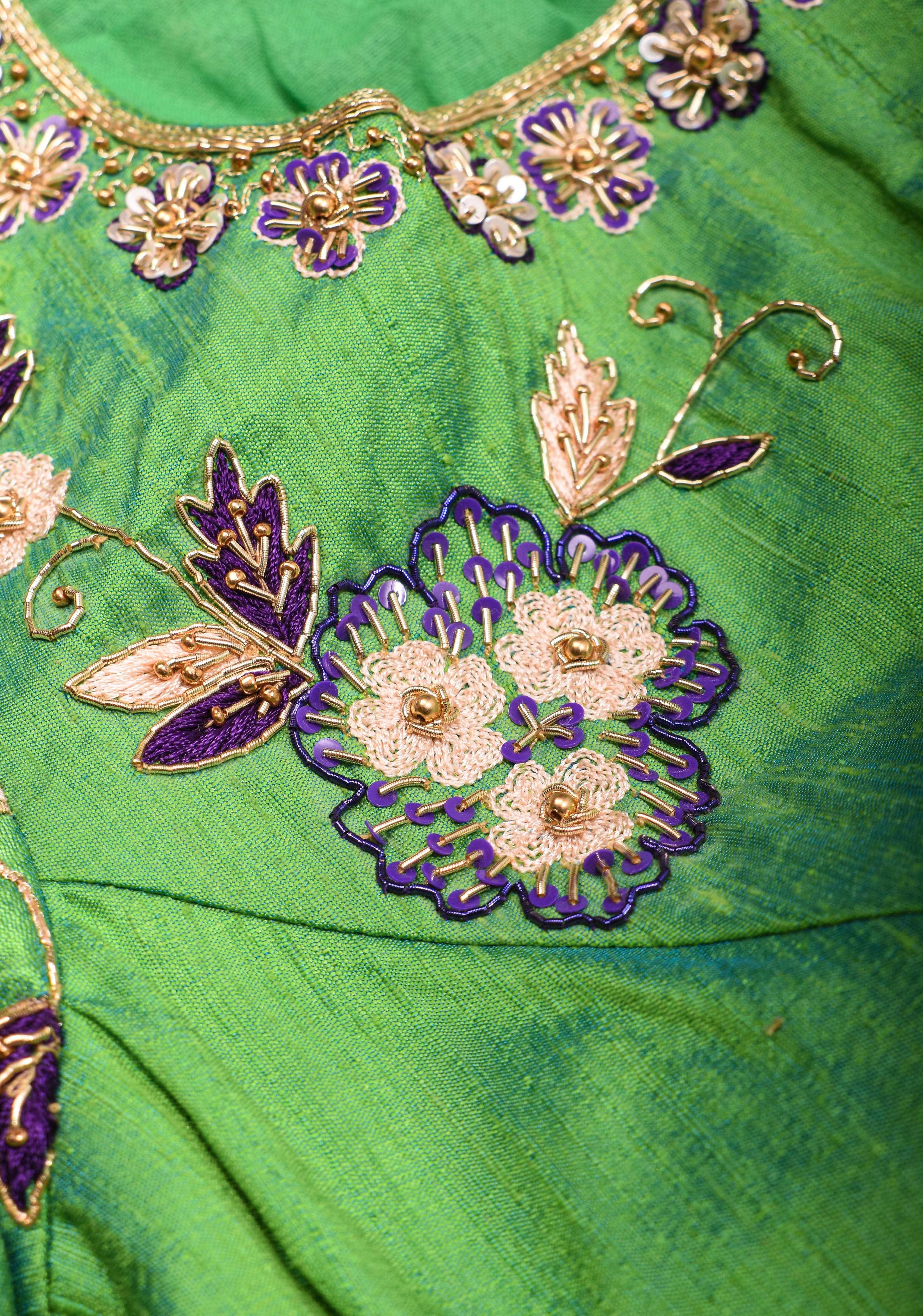 Made to Order: Green Raw Silk Embroidery and Zardozi Blouse | Shobitam