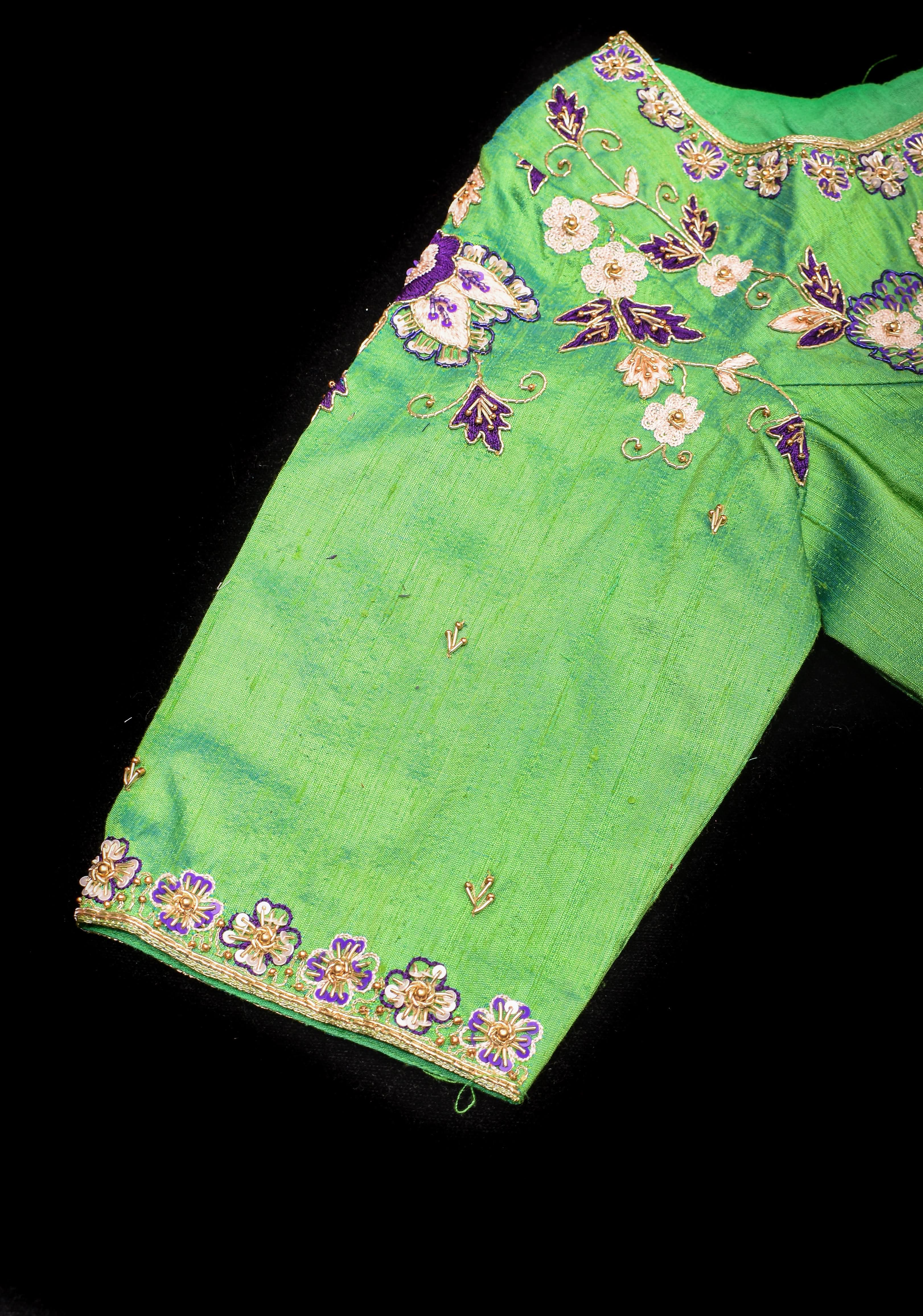 Made to Order: Green Raw Silk Embroidery and Zardozi Blouse | Shobitam