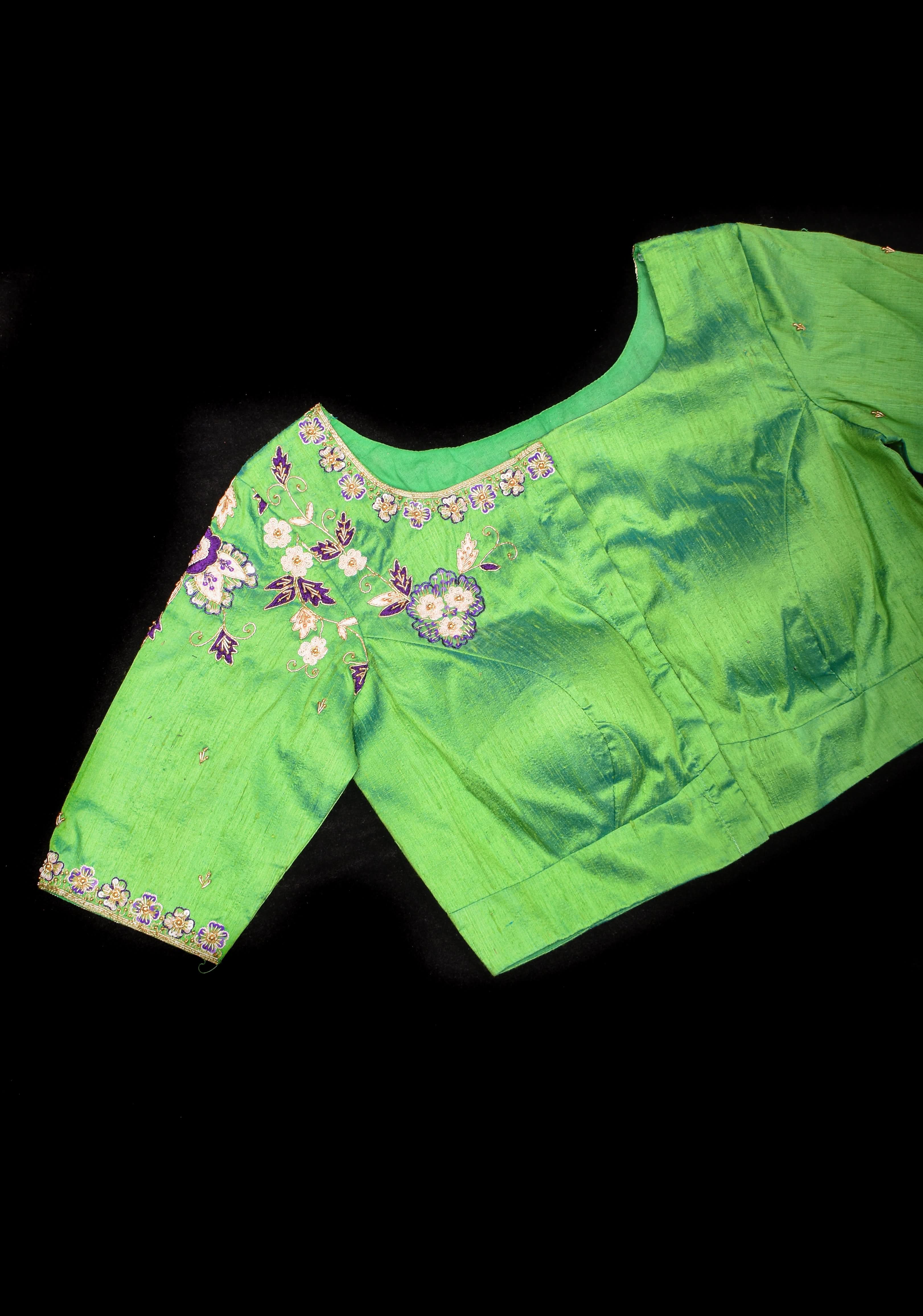Made to Order: Green Raw Silk Embroidery and Zardozi Blouse | Shobitam