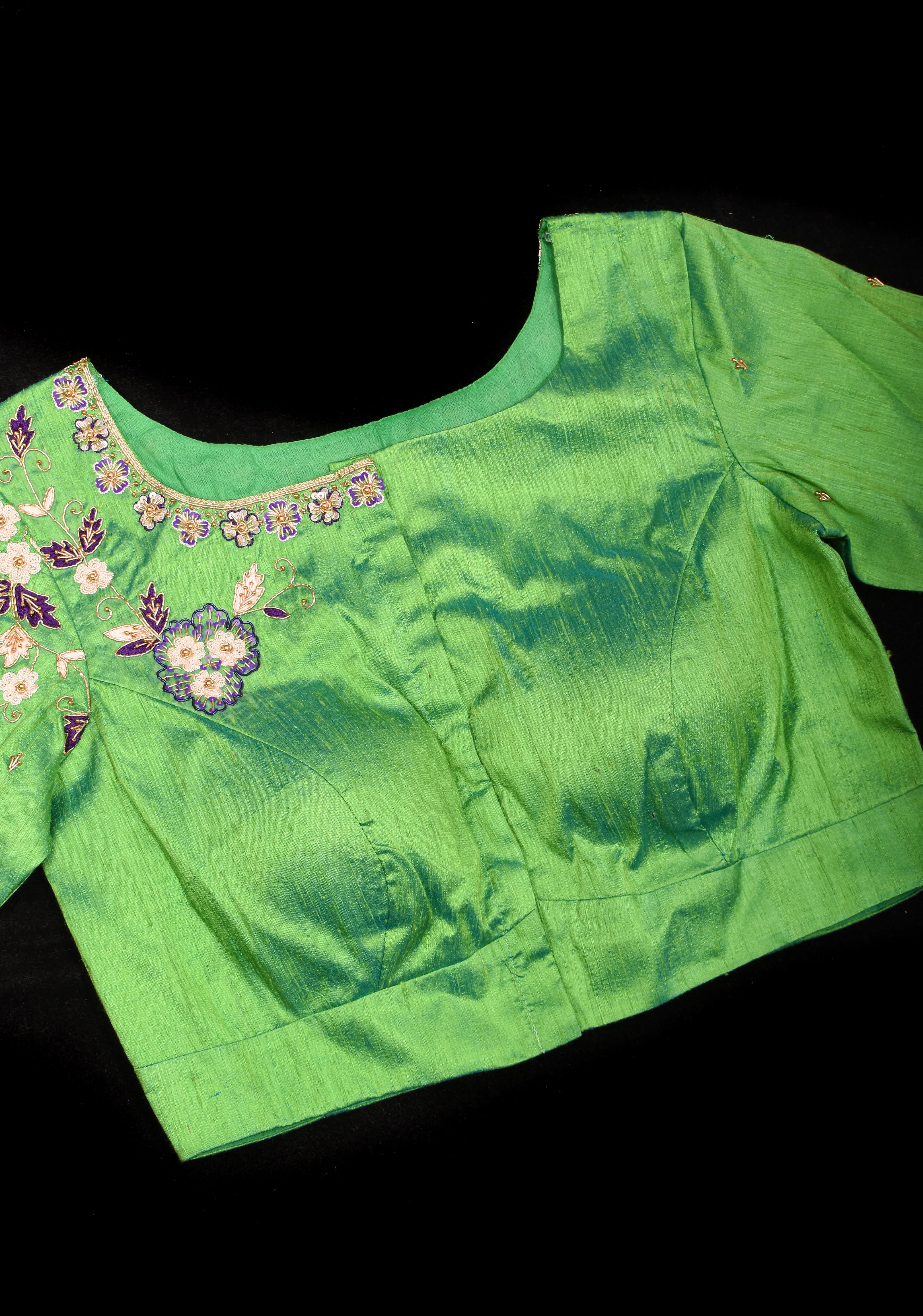 Made to Order: Green Raw Silk Embroidery and Zardozi Blouse | Shobitam