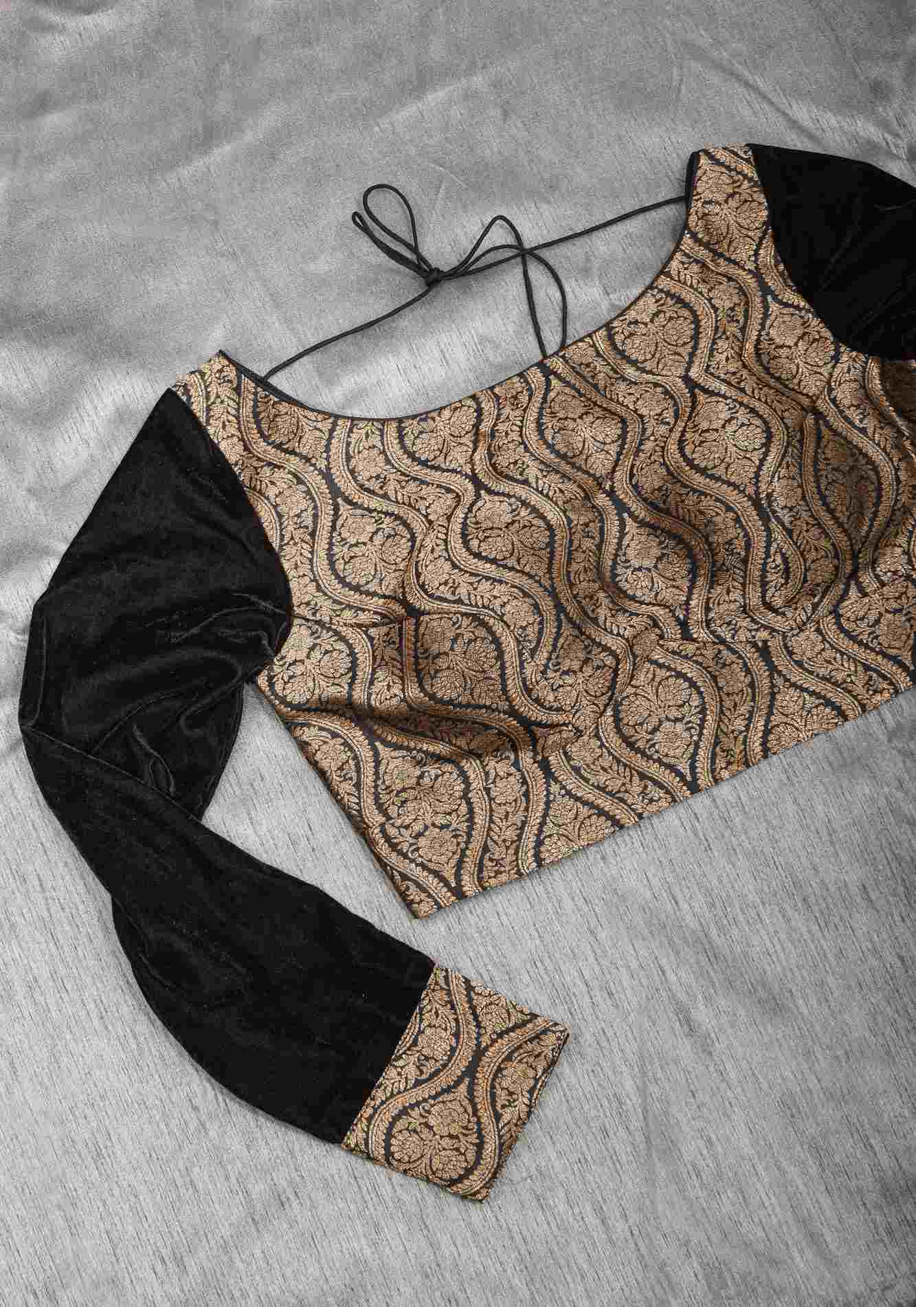Made To Order: Black Brocade Blouse with full slevees with zari detailing.