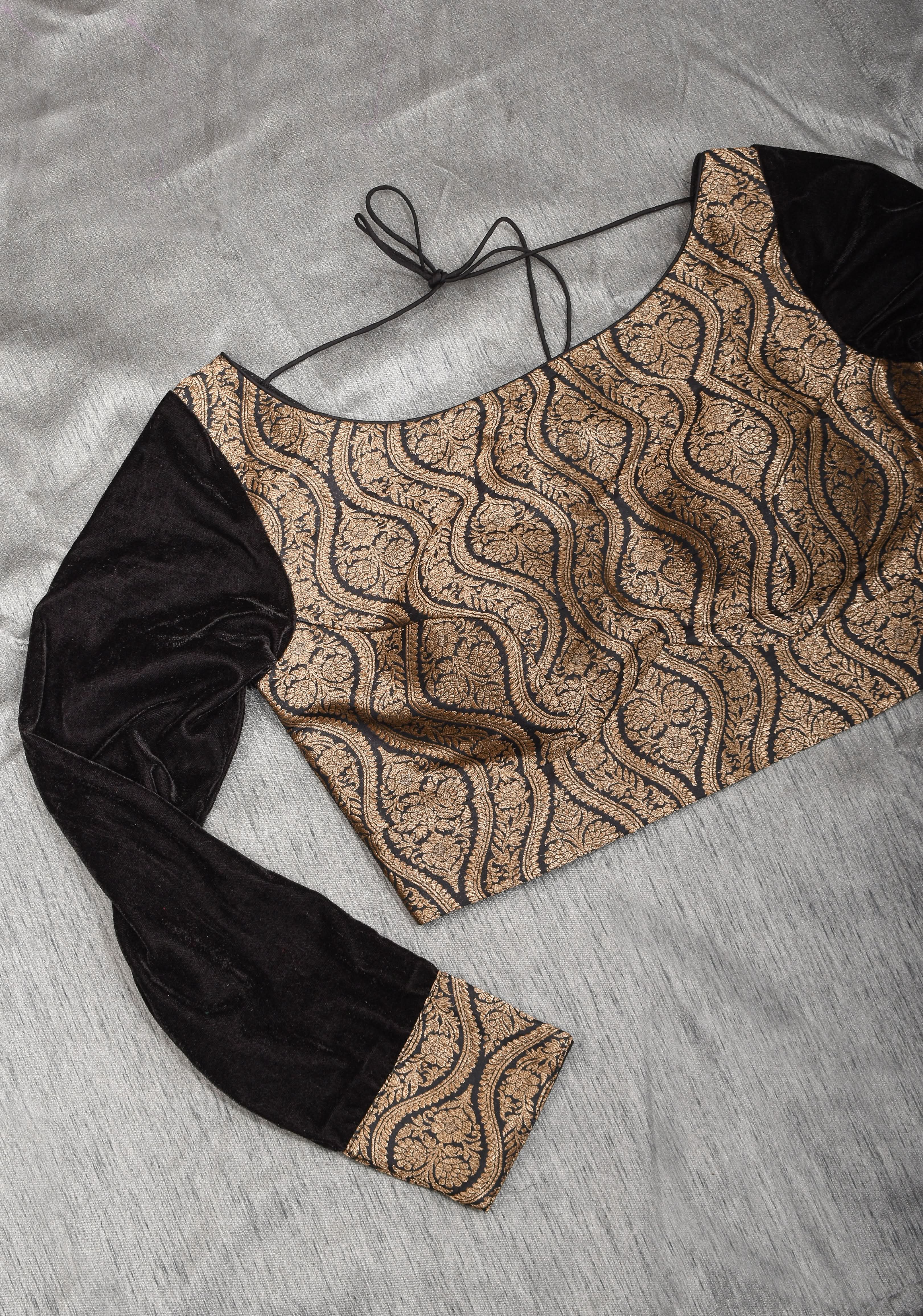 Made To Order: Black Brocade Blouse with full slevees with zari detailing. | Shobitam