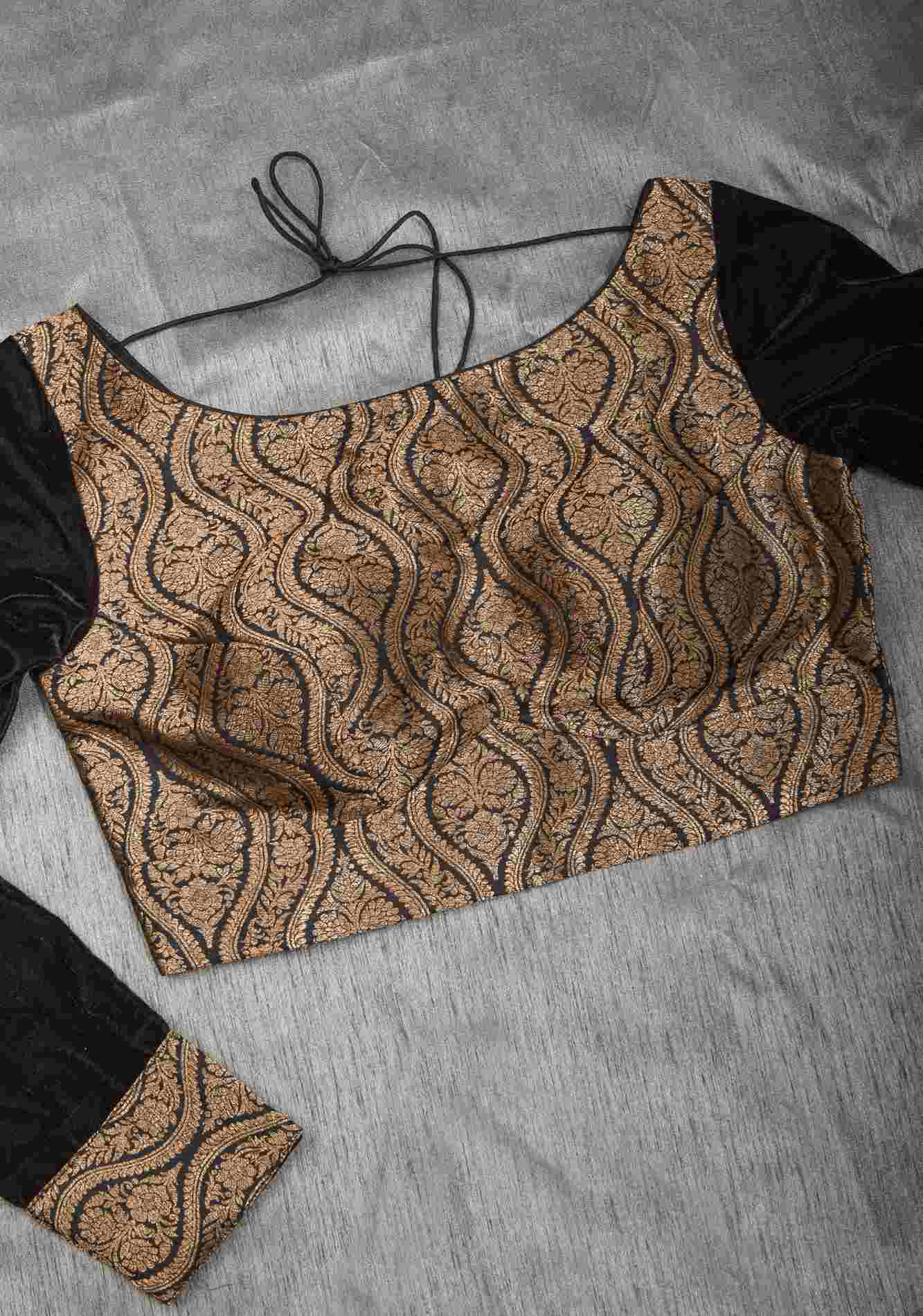 Made To Order: Black Brocade Blouse with full slevees with zari detailing.