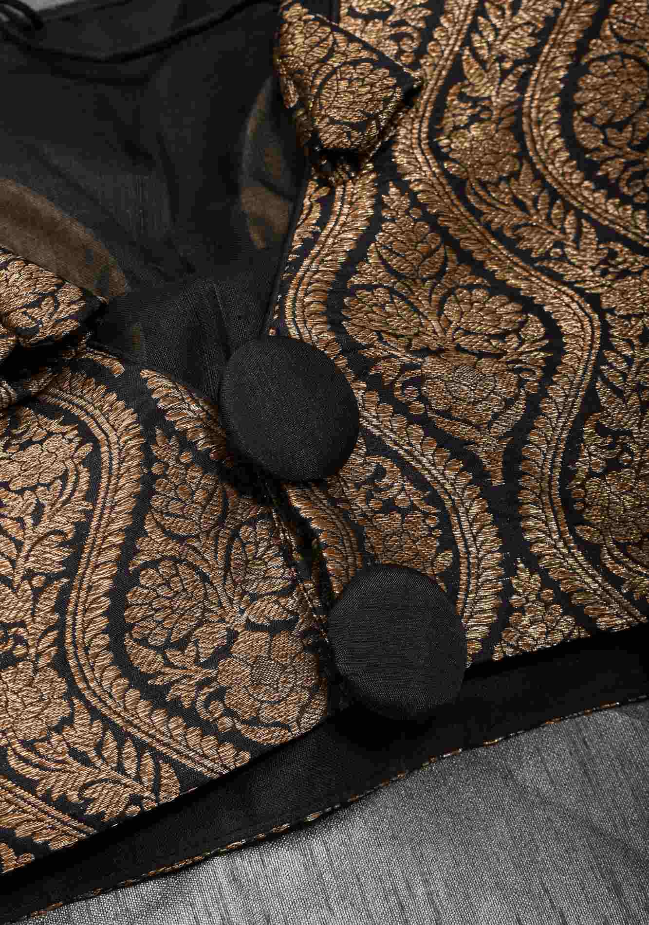 Made To Order: Black Brocade Blouse with full slevees with zari detailing.