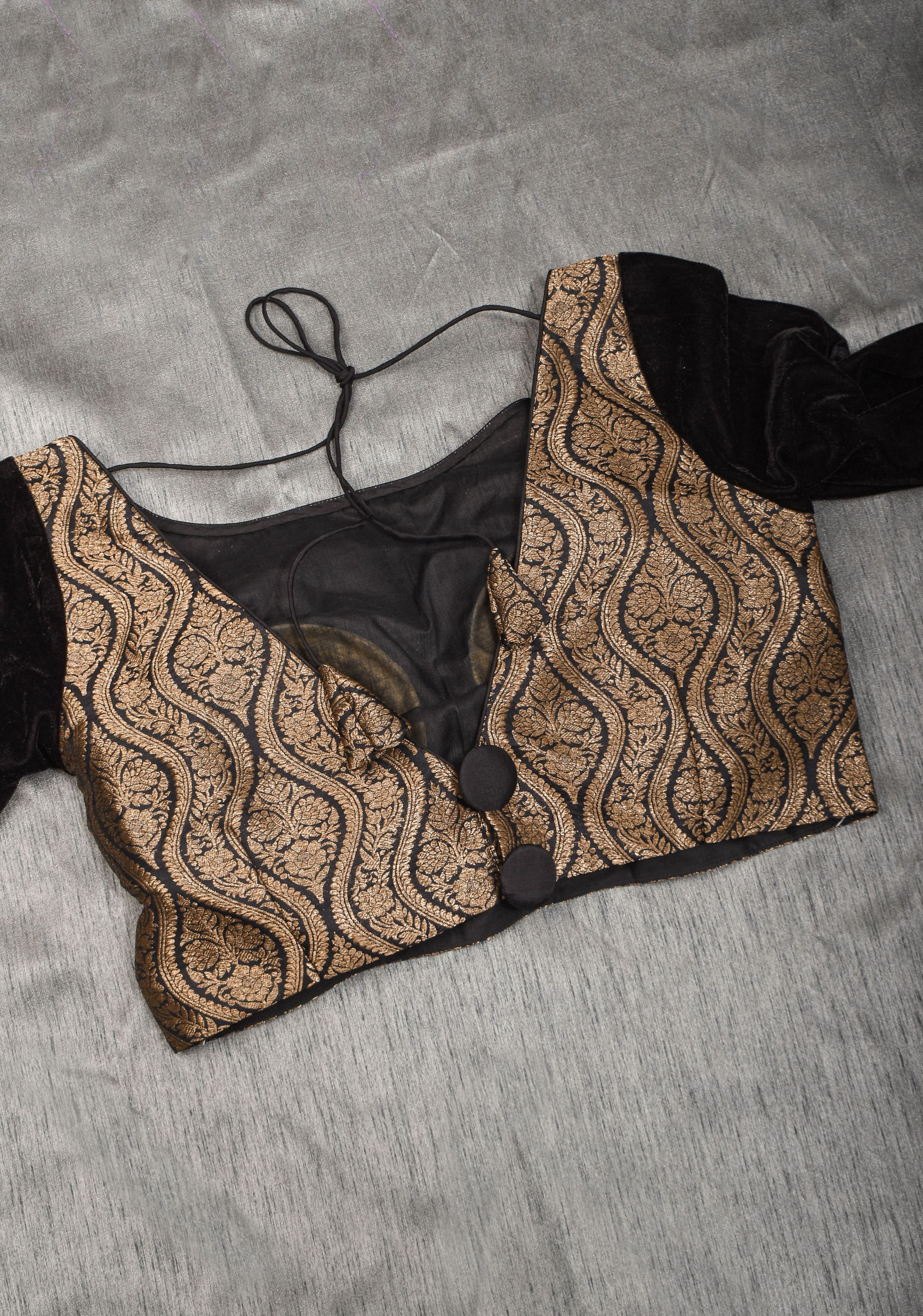 Made To Order: Black Brocade Blouse with full slevees with zari detailing. | Shobitam