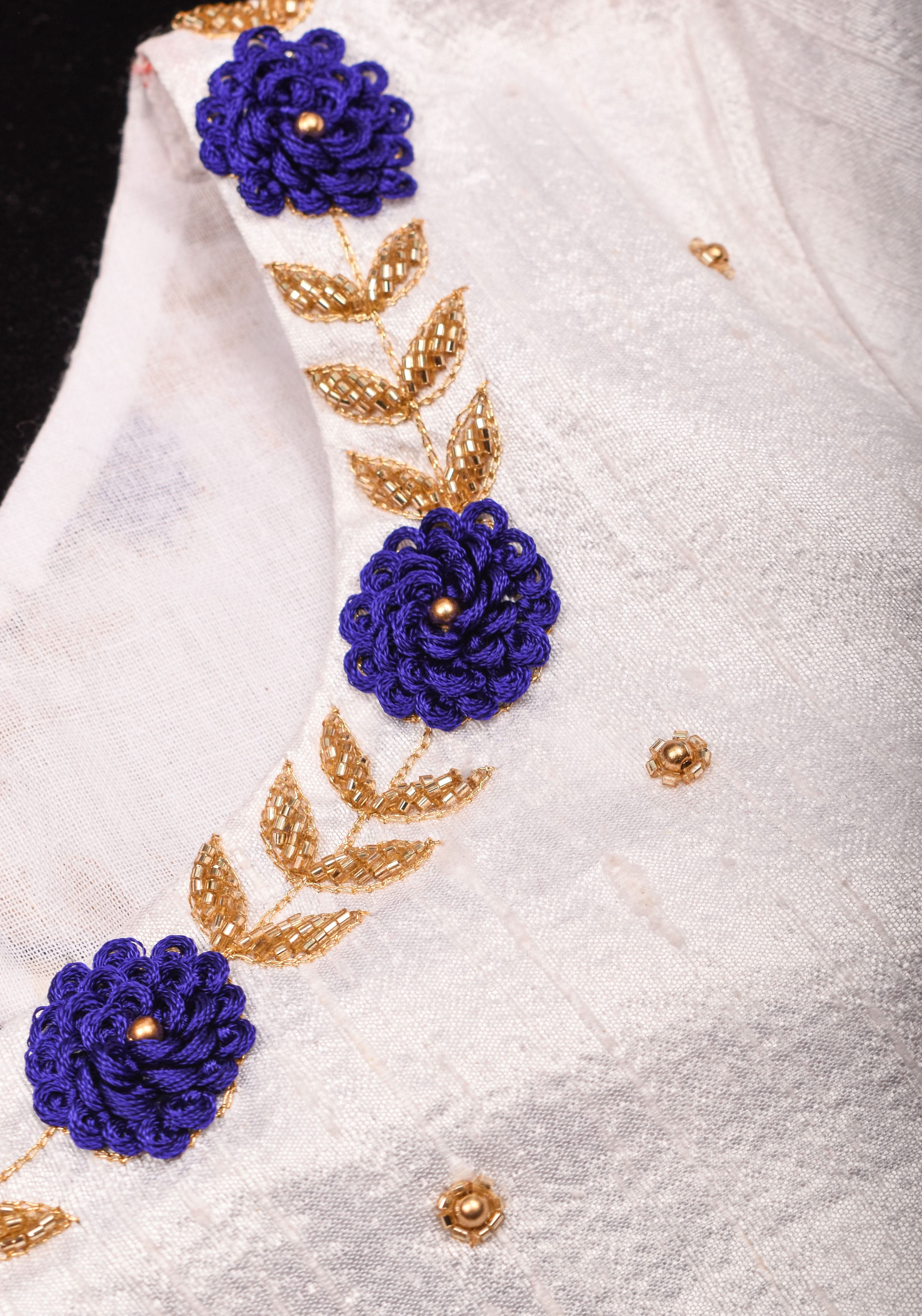 White Raw Silk Embroidery and Zardozi Blouse, Made to Order | Shobitam