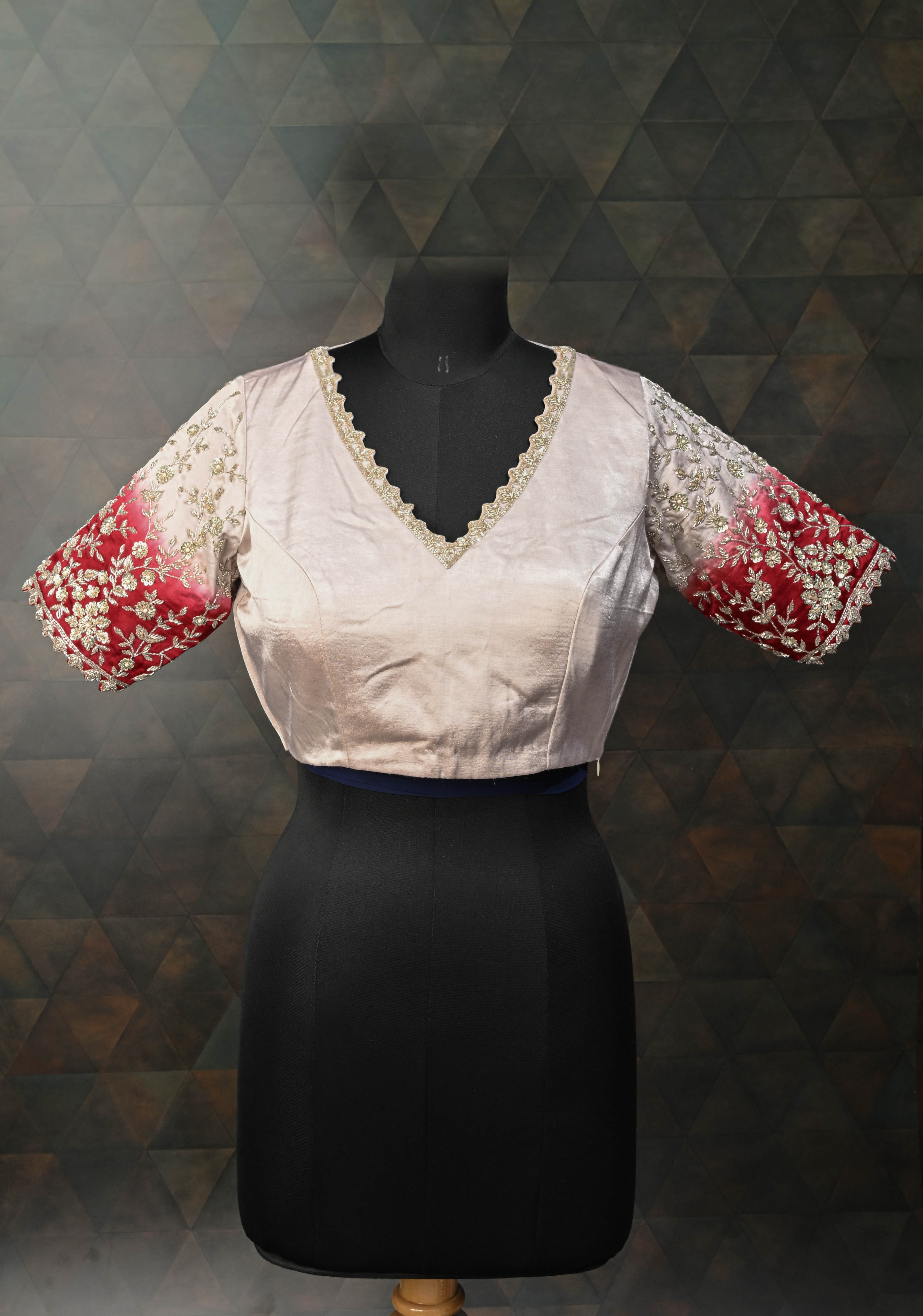 SIZE 38" Contemporary Silver Ombre Blouse with Cutdana Embellished on Sleeves and Neck | Shobitam