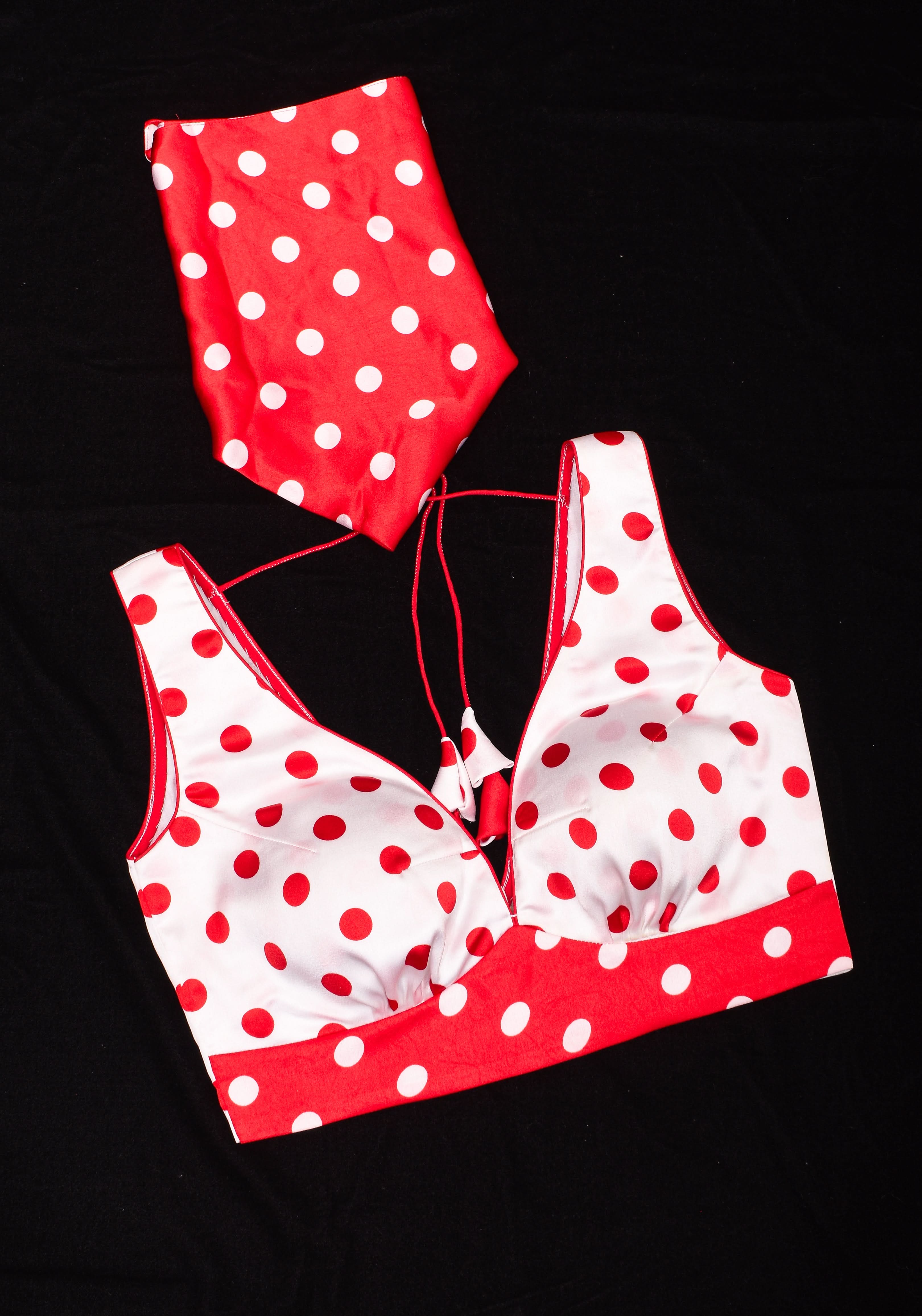 Retro red and White Polka Dot Satin Blouse with Contrasting Red scarf , Made to Order | Shobitam