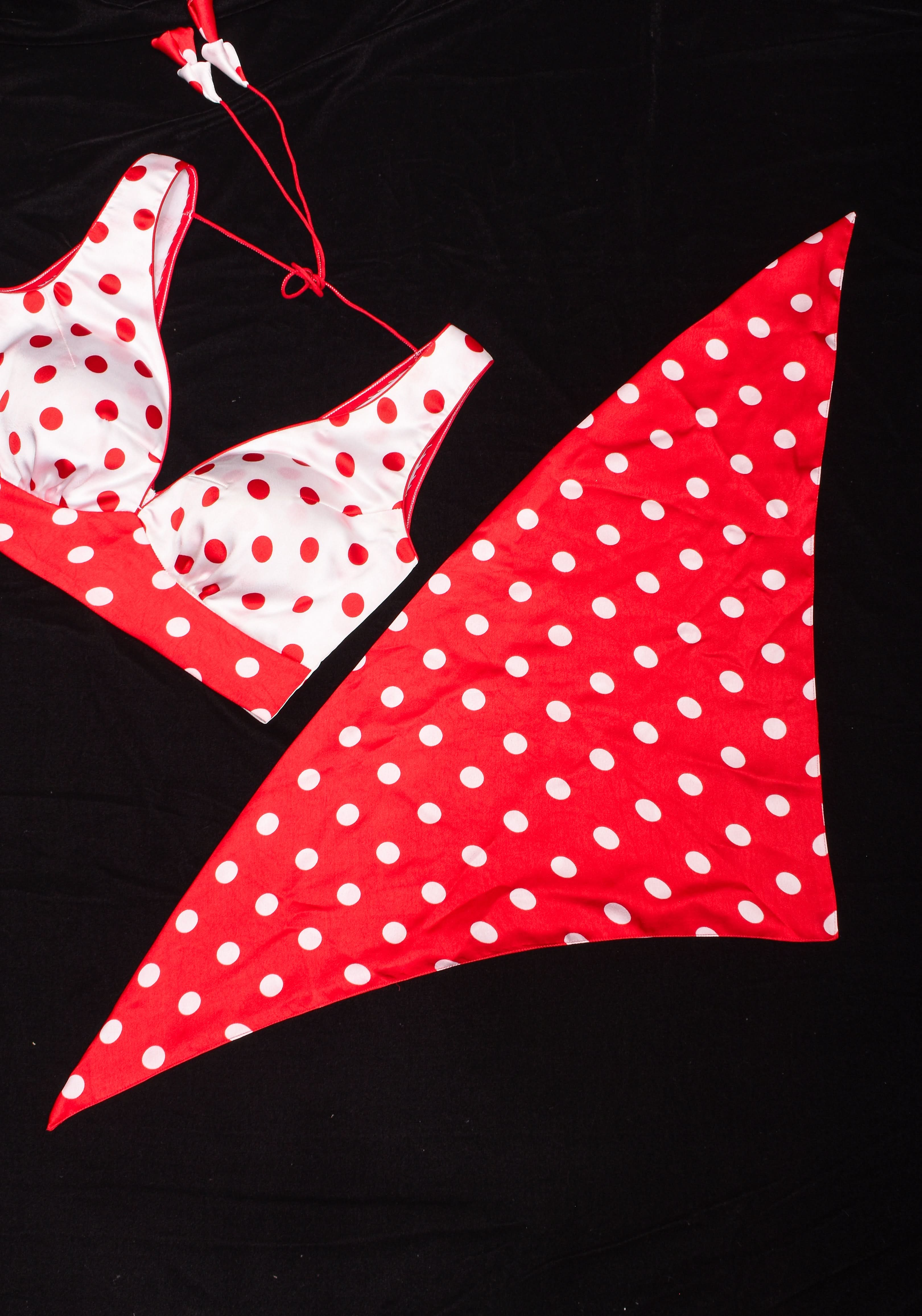 Retro red and White Polka Dot Satin Blouse with Contrasting Red scarf , Made to Order | Shobitam
