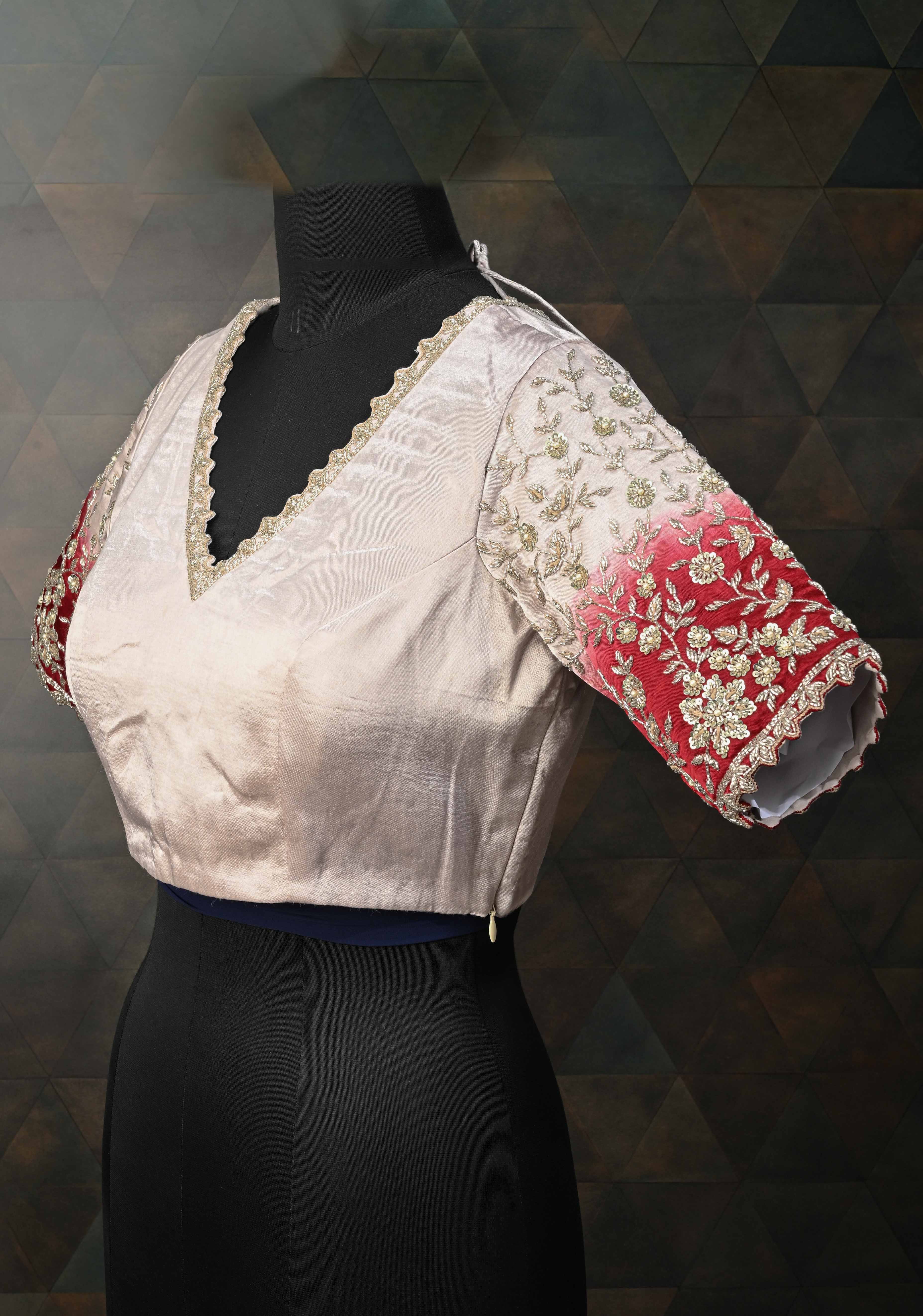 SIZE 38" Contemporary Silver Ombre Blouse with Cutdana Embellished on Sleeves and Neck | Shobitam