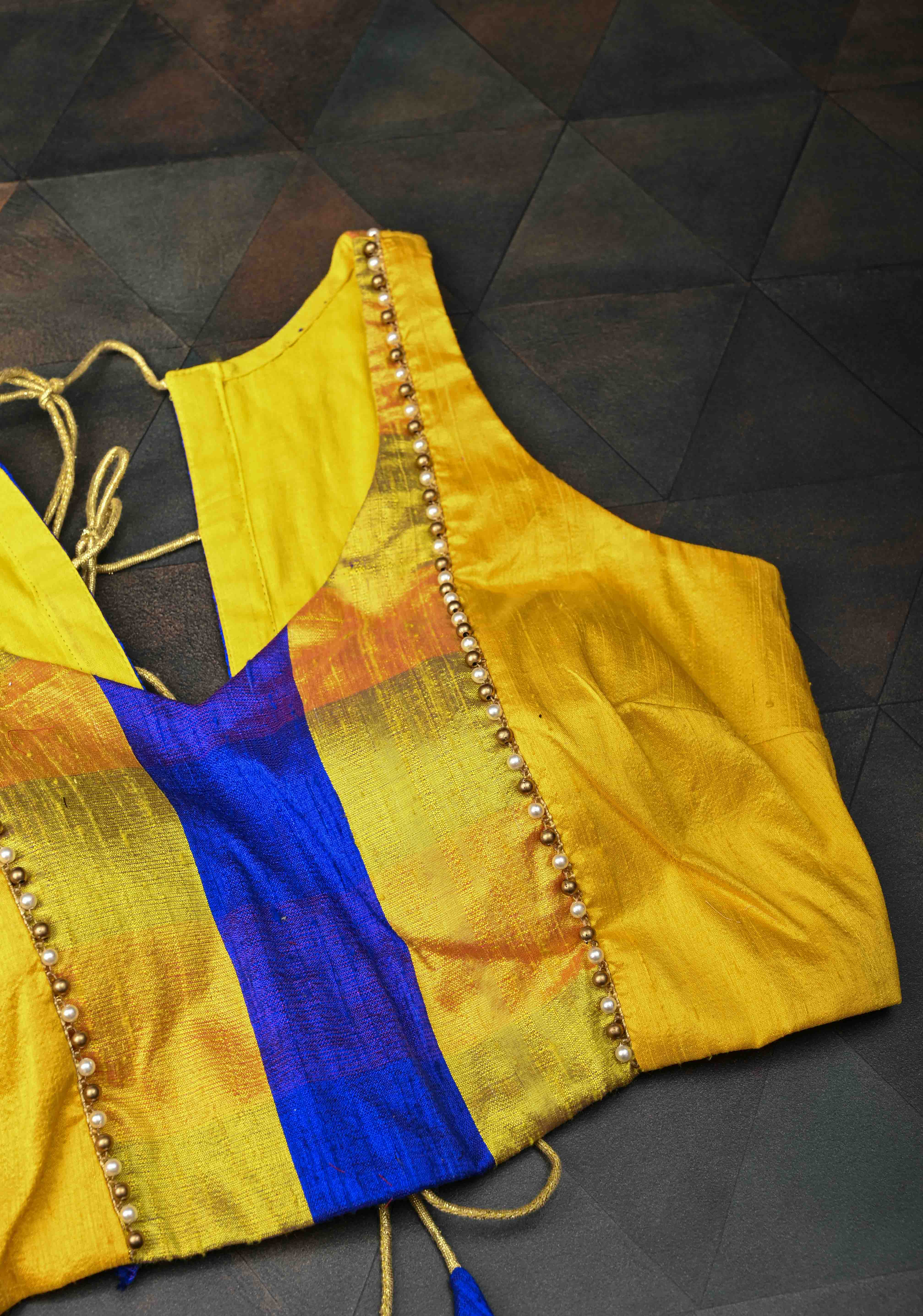 Yellow blue checked with yellow pure rawsilk sweetheart neck blouse | Shobitam