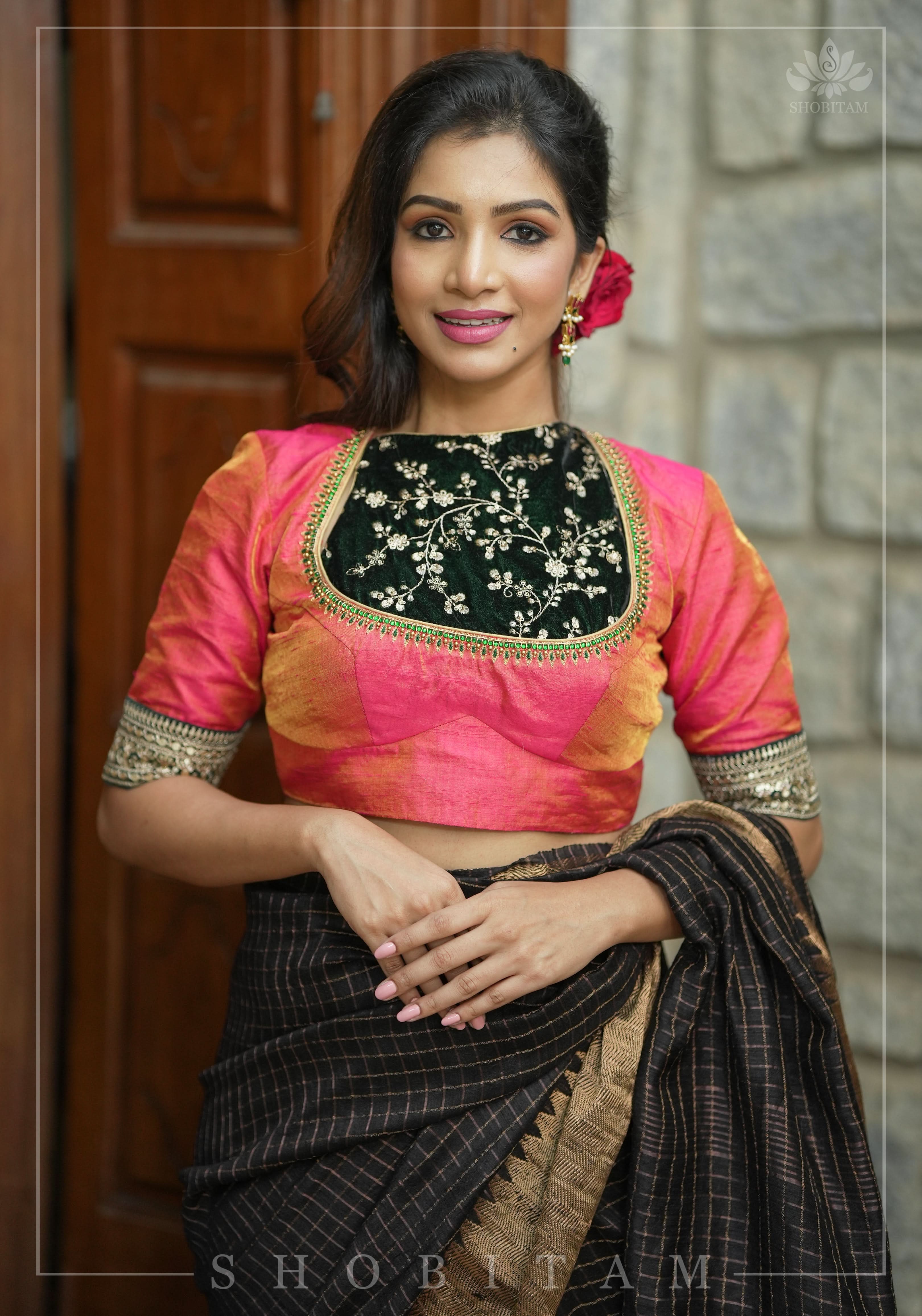 Pure Tissue Raw Silk Pink Blouse with Deep Green Velvet Yoke and Hand Work, Made to Order | Shobitam