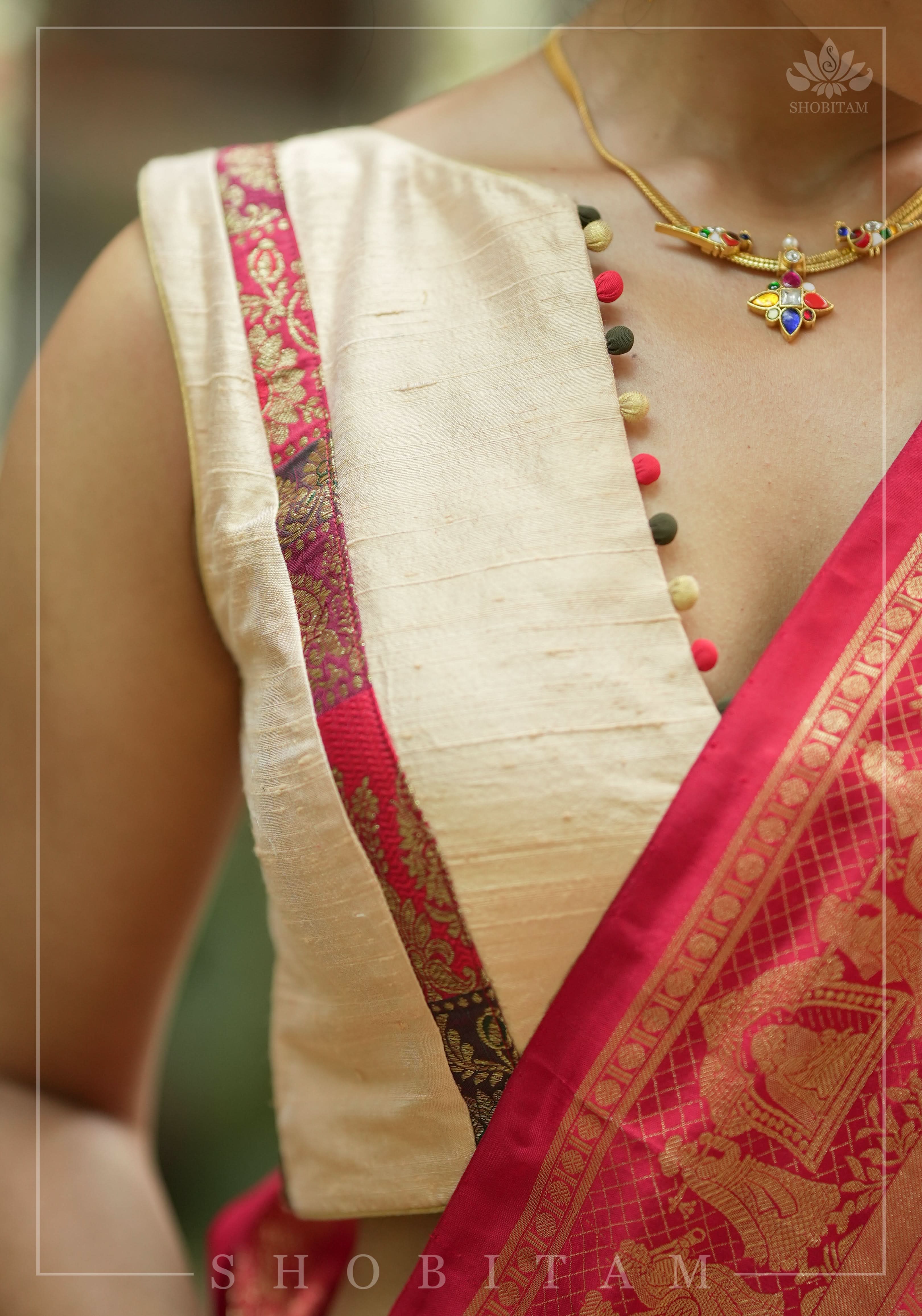 Ivory pure Raw silk blouse with Banarasi trim and potli button detailing,  sleeve option available, Made to Order | Shobitam