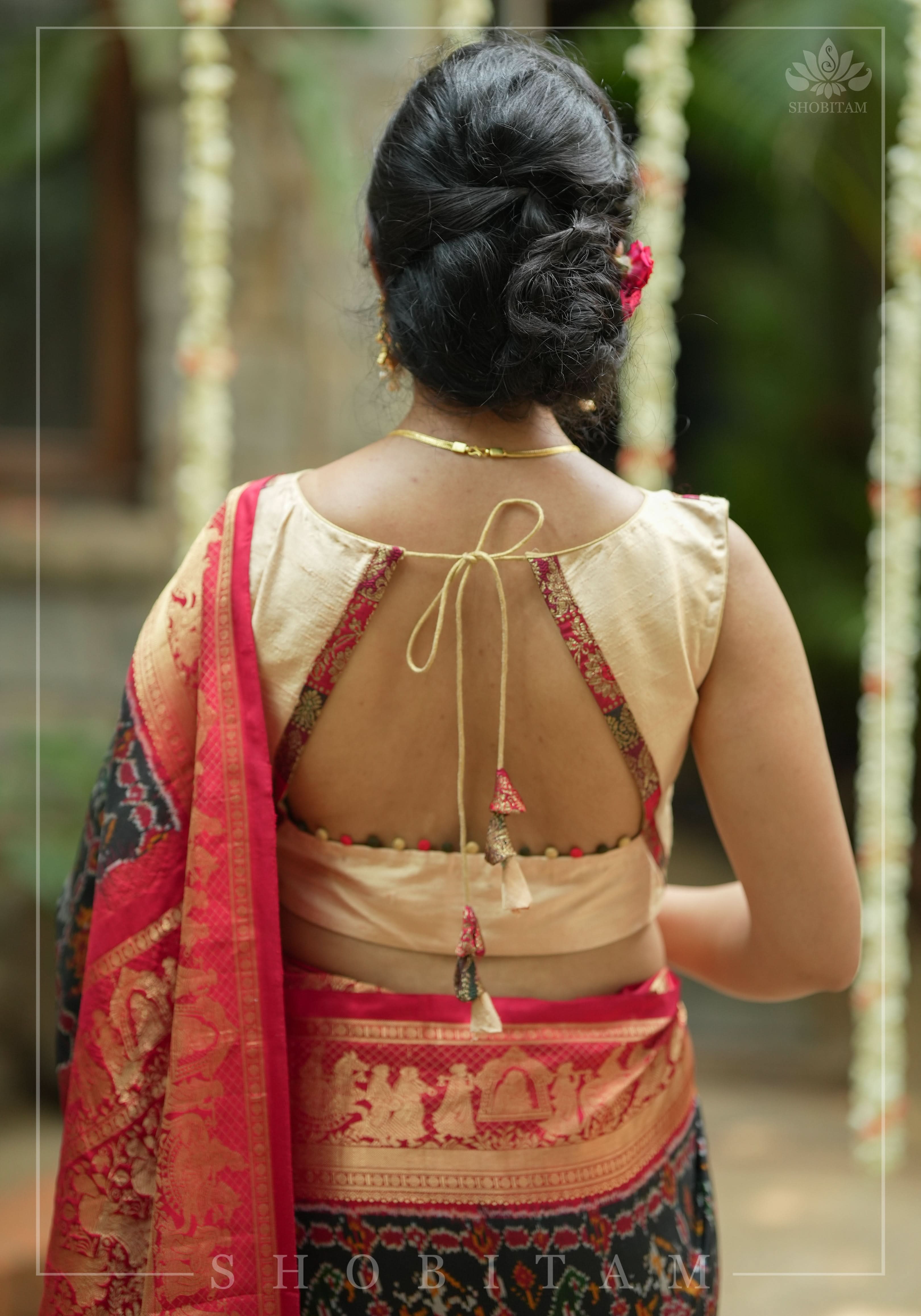 Ivory pure Raw silk blouse with Banarasi trim and potli button detailing,  sleeve option available, Made to Order | Shobitam