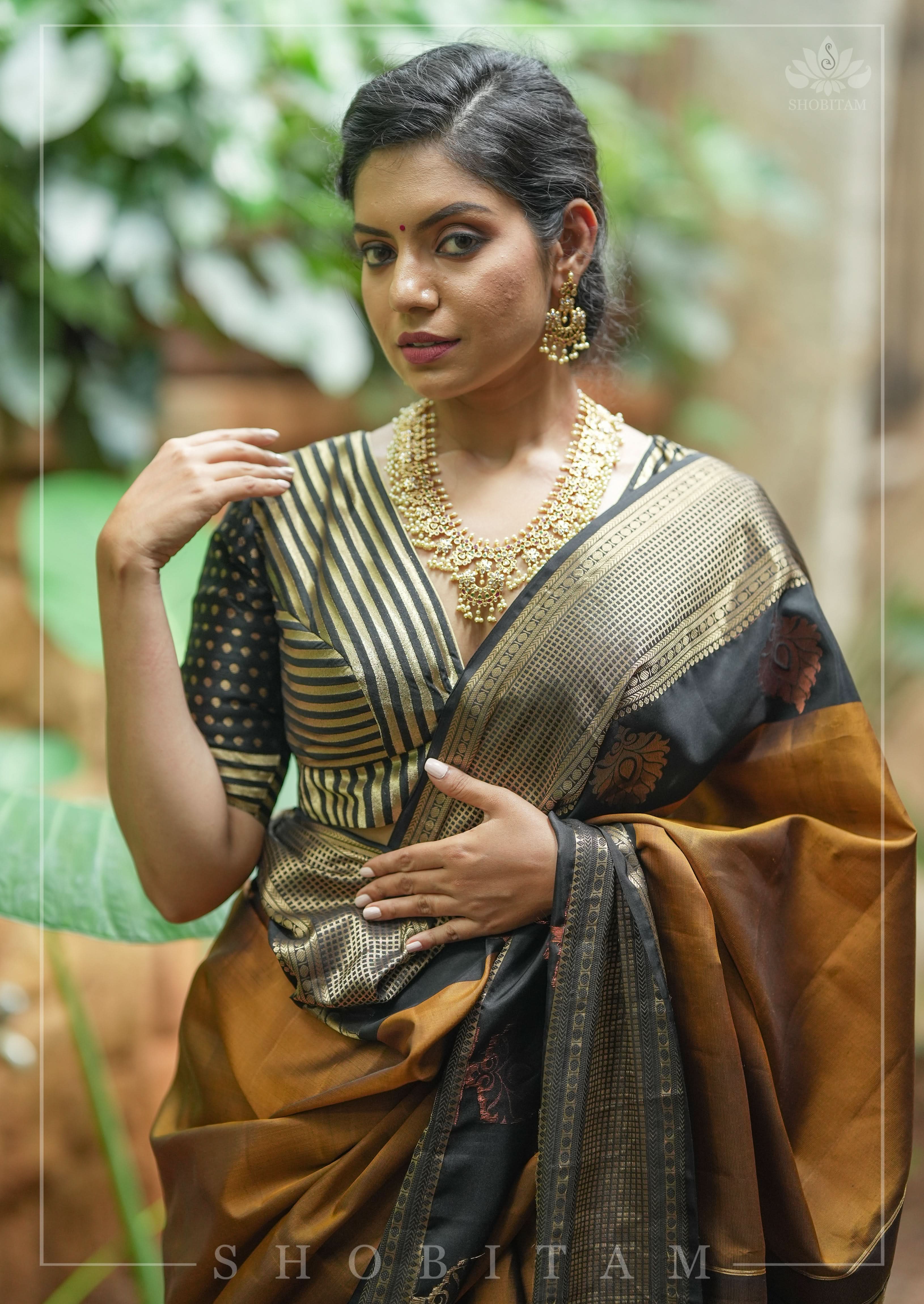 Black and gold stripes and buttas plunge neck mix and match blouse for saree, Made to Order | Shobitam