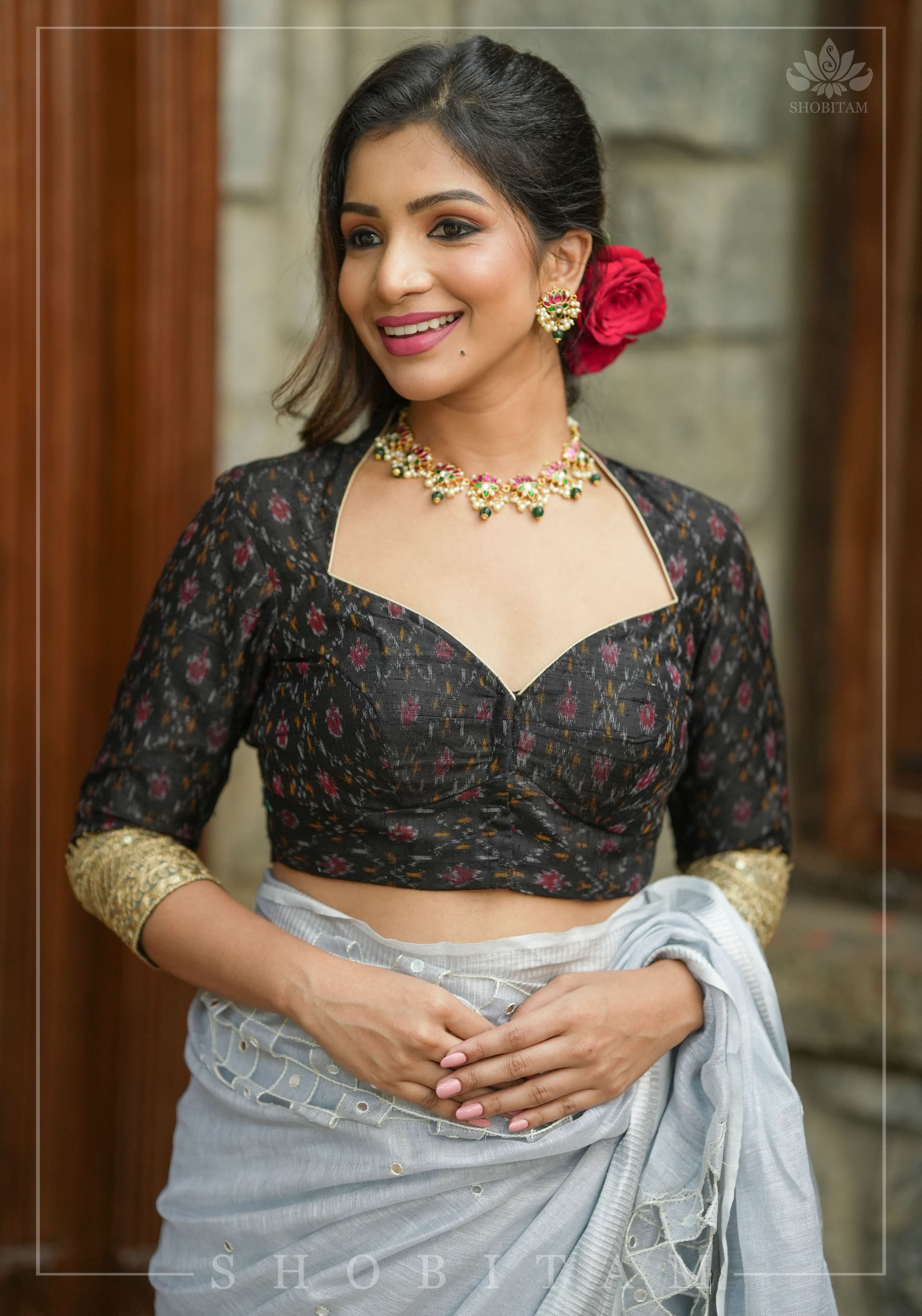 Black Pure Raw Silk Ikkat Weave blouse with Sweetheart neck,3/4 sleeves and gotta detailing, Made to Order | Shobitam