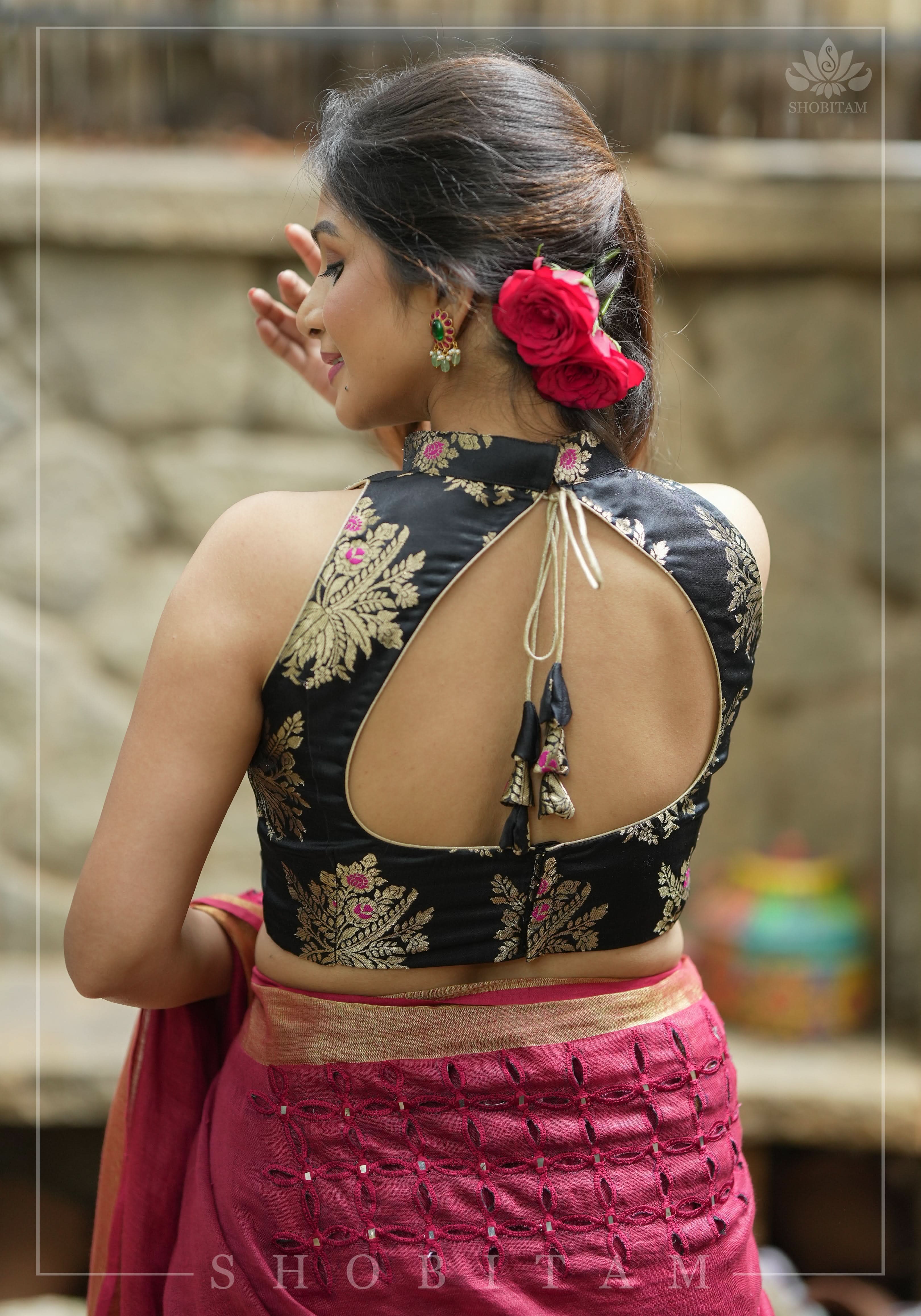 Black Meenakari halter neck mix and match blouse for saree, Made to Order | Shobitam