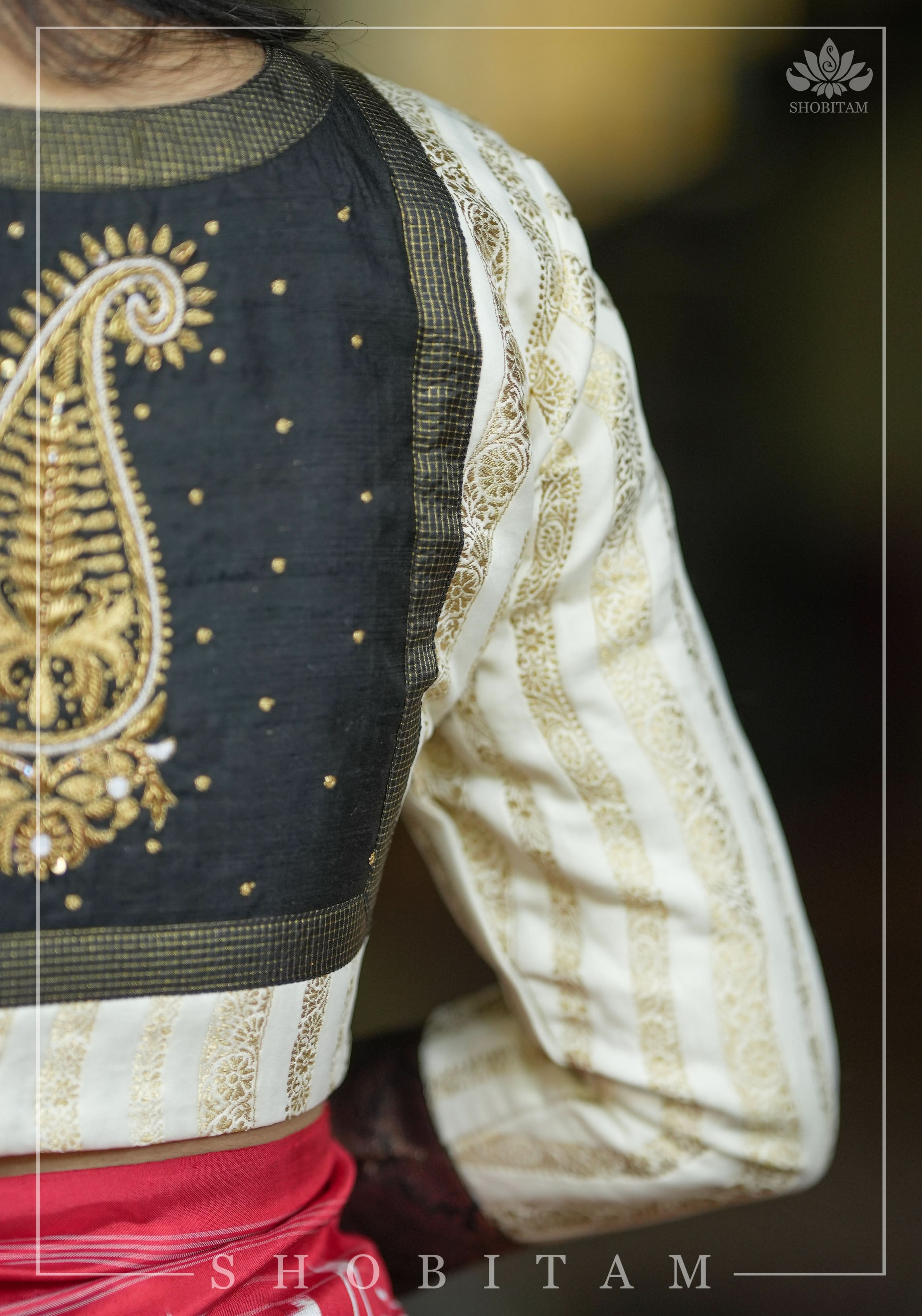 Ivory and Black Bandgala & Full sleeves blouse with Paisley Zardosi Hand embroidery, Made to Order | Shobitam