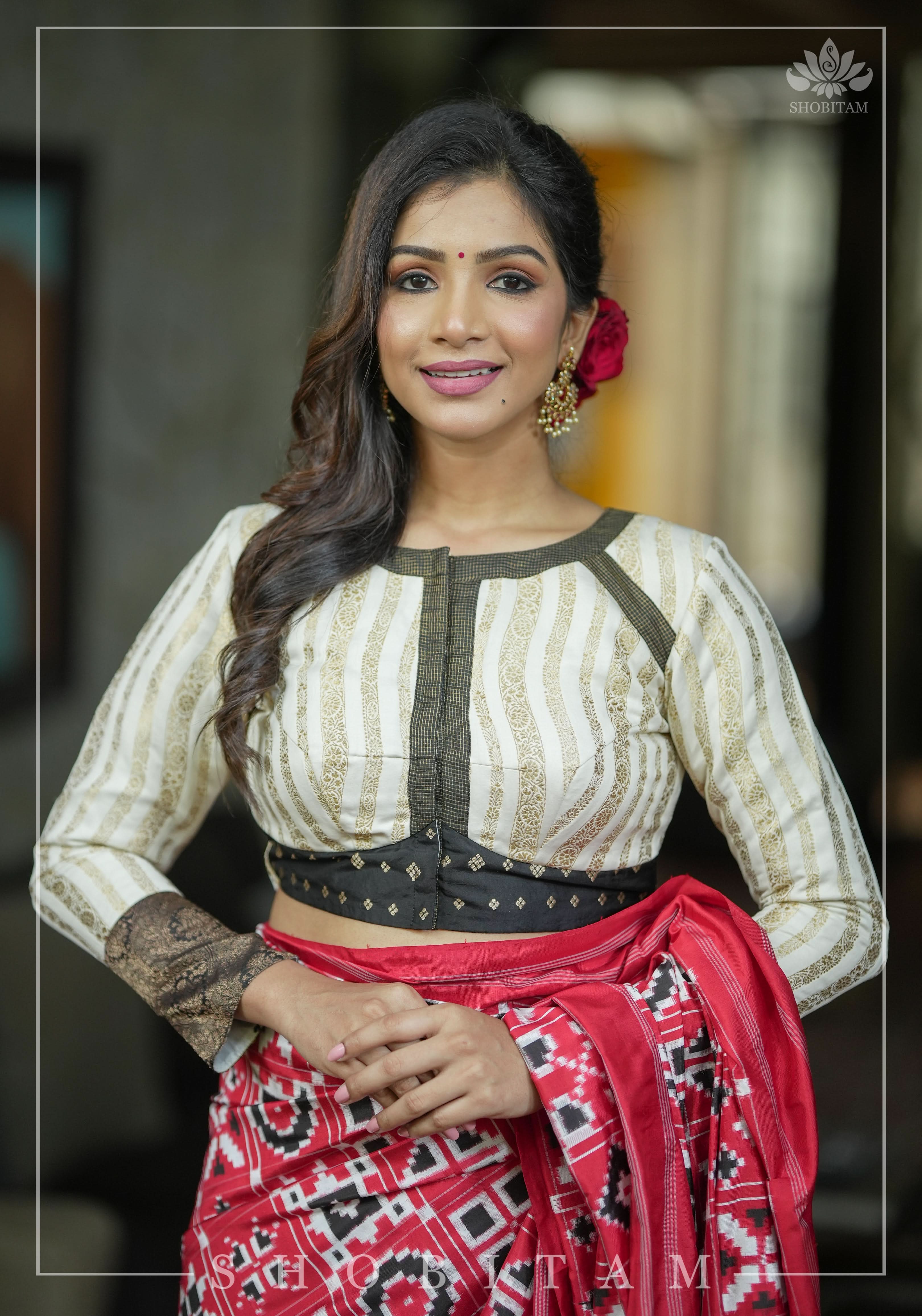 Ivory and Black Bandgala & Full sleeves blouse with Paisley Zardosi Hand embroidery, Made to Order | Shobitam