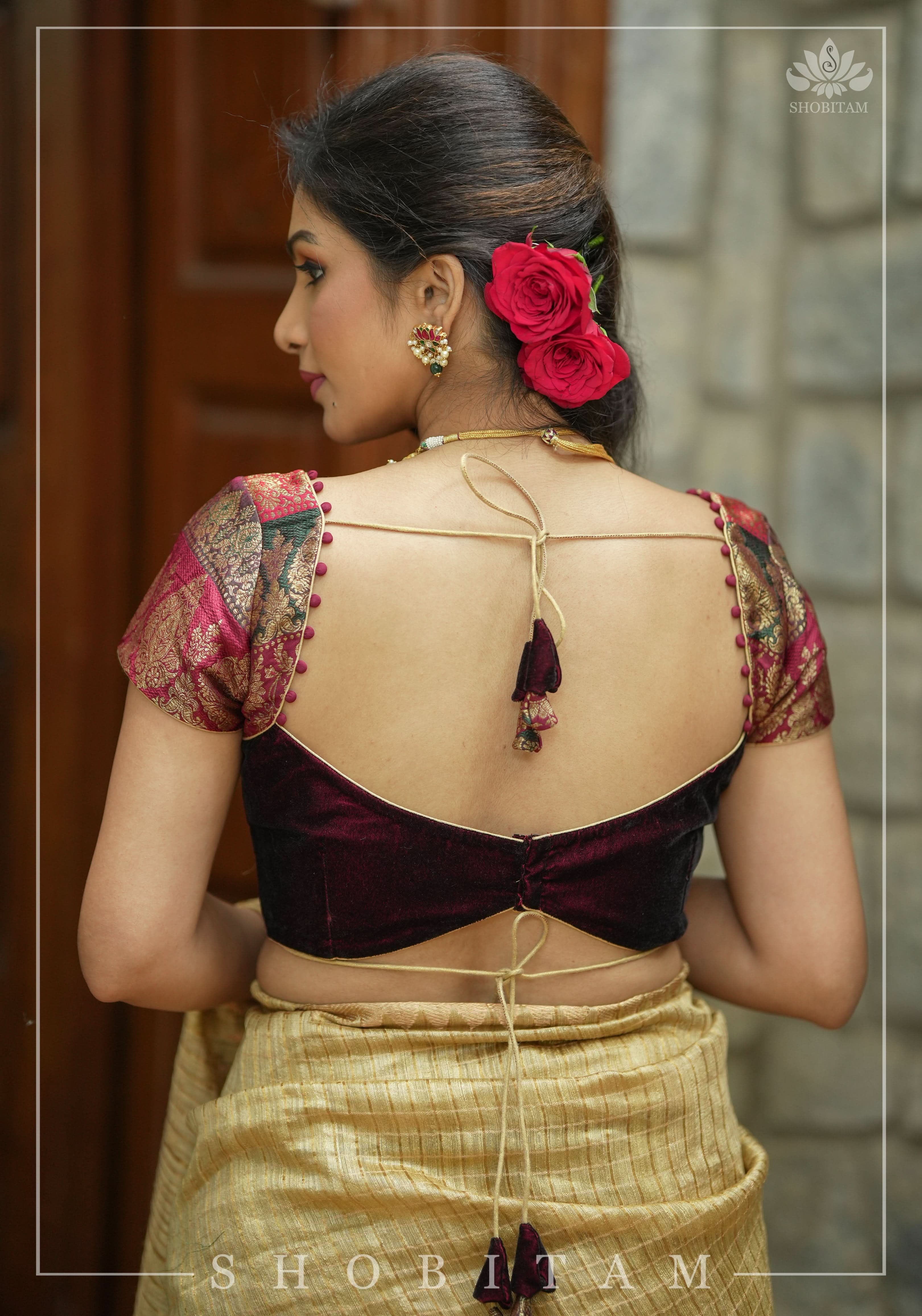 Burgundy Velvet and Banarasi brocade Sweetheart neck blouse, with potli button detailing on neckline, Made to Order | Shobitam
