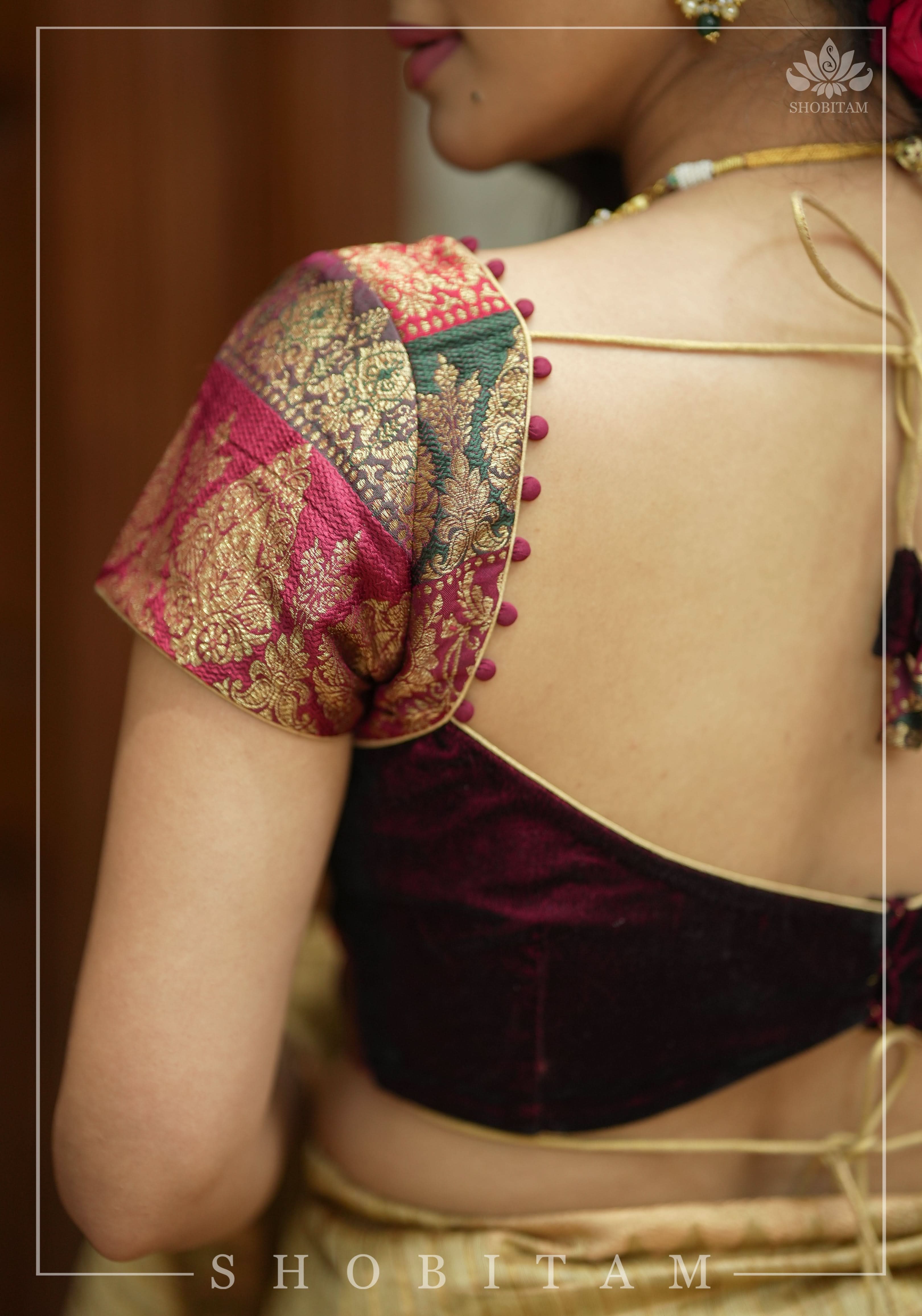 Burgundy Velvet and Banarasi brocade Sweetheart neck blouse, with potli button detailing on neckline, Made to Order | Shobitam