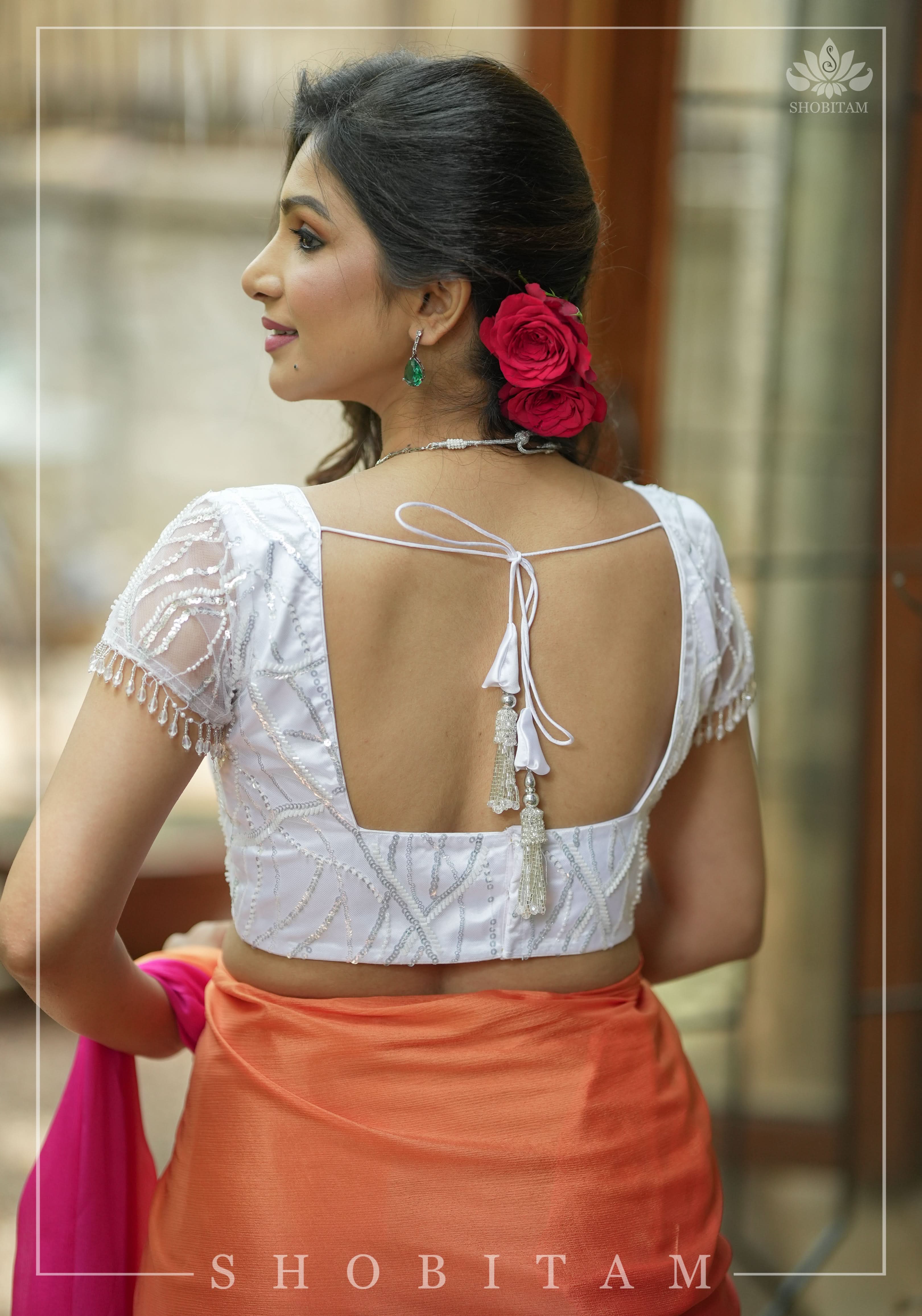 White sequin blouse with pleated net detailing, Mix and match blouse for saree, Made to Order | Shobitam