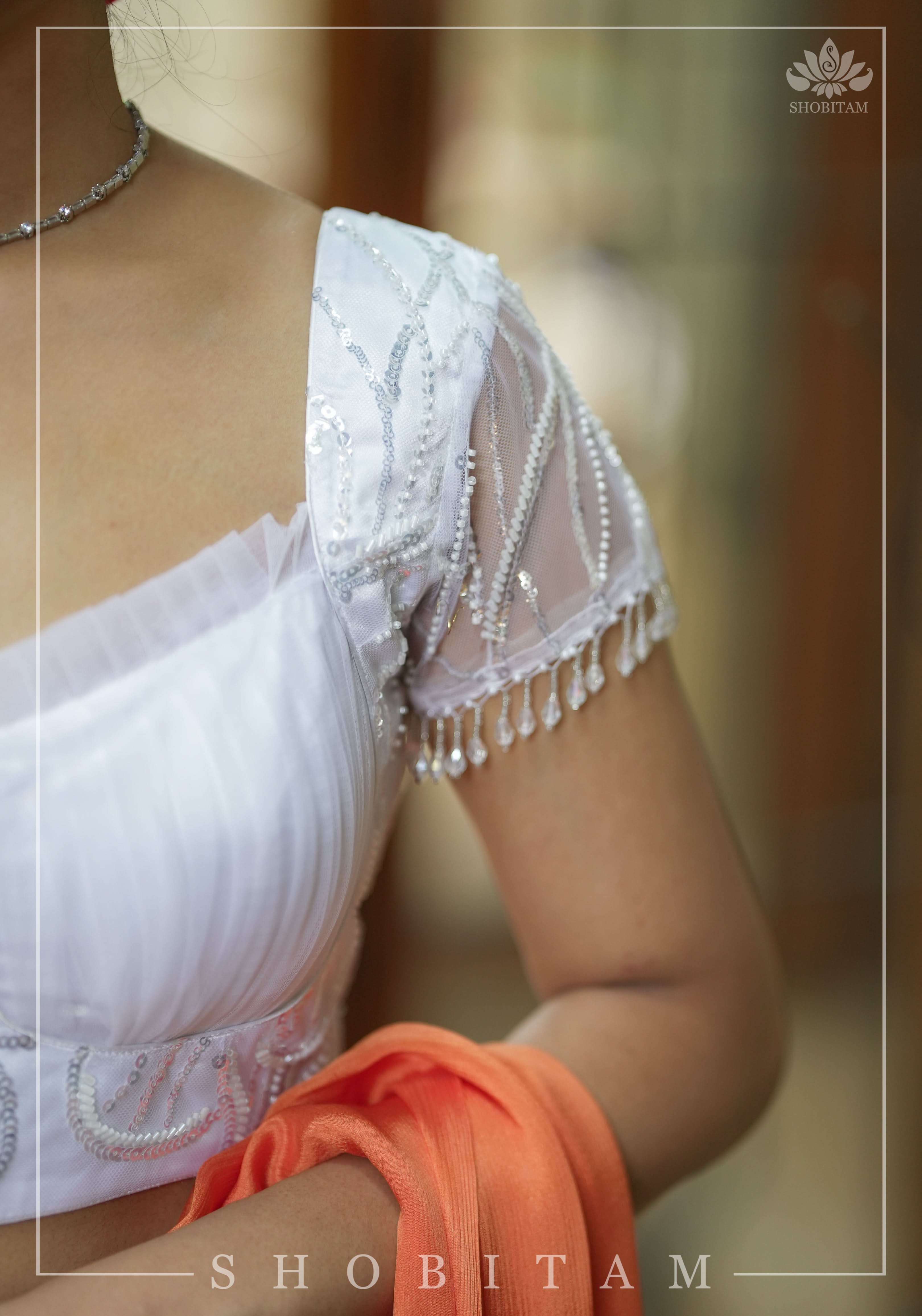 White sequin blouse with pleated net detailing, Mix and match blouse for saree, Made to Order | Shobitam