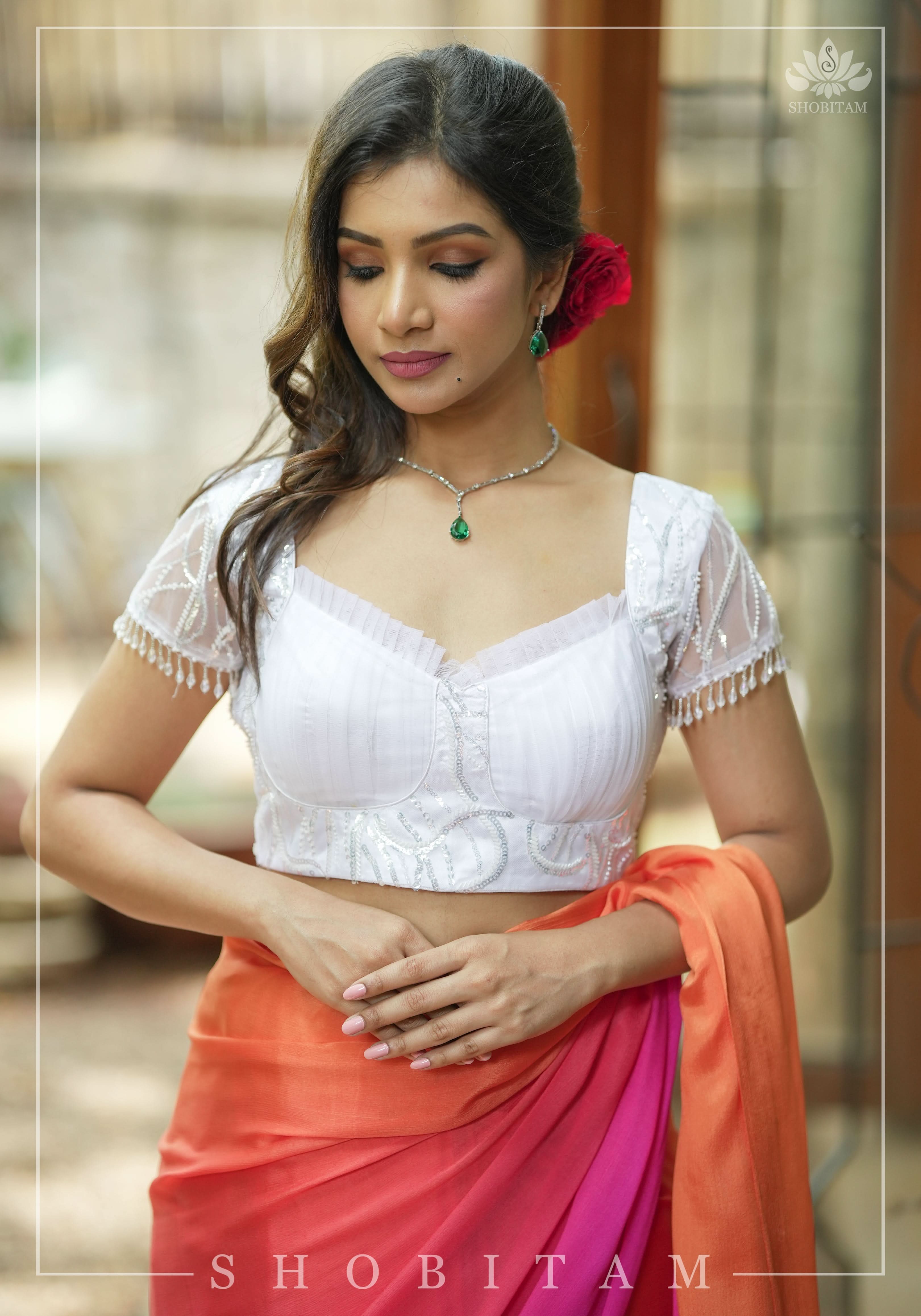 White sequin blouse with pleated net detailing, Mix and match blouse for saree, Made to Order | Shobitam