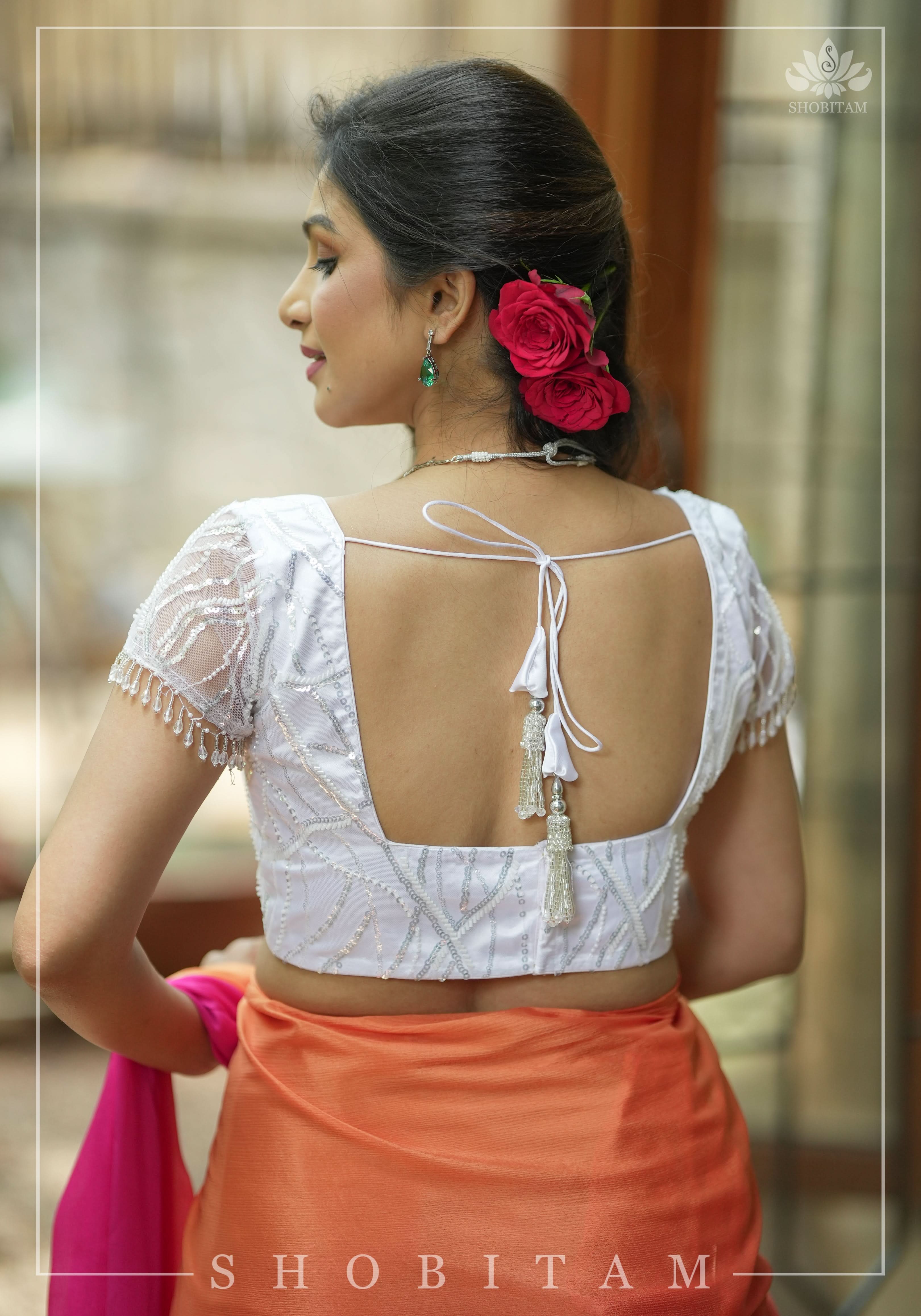 White sequin blouse with pleated net detailing, Mix and match blouse for saree, Made to Order | Shobitam