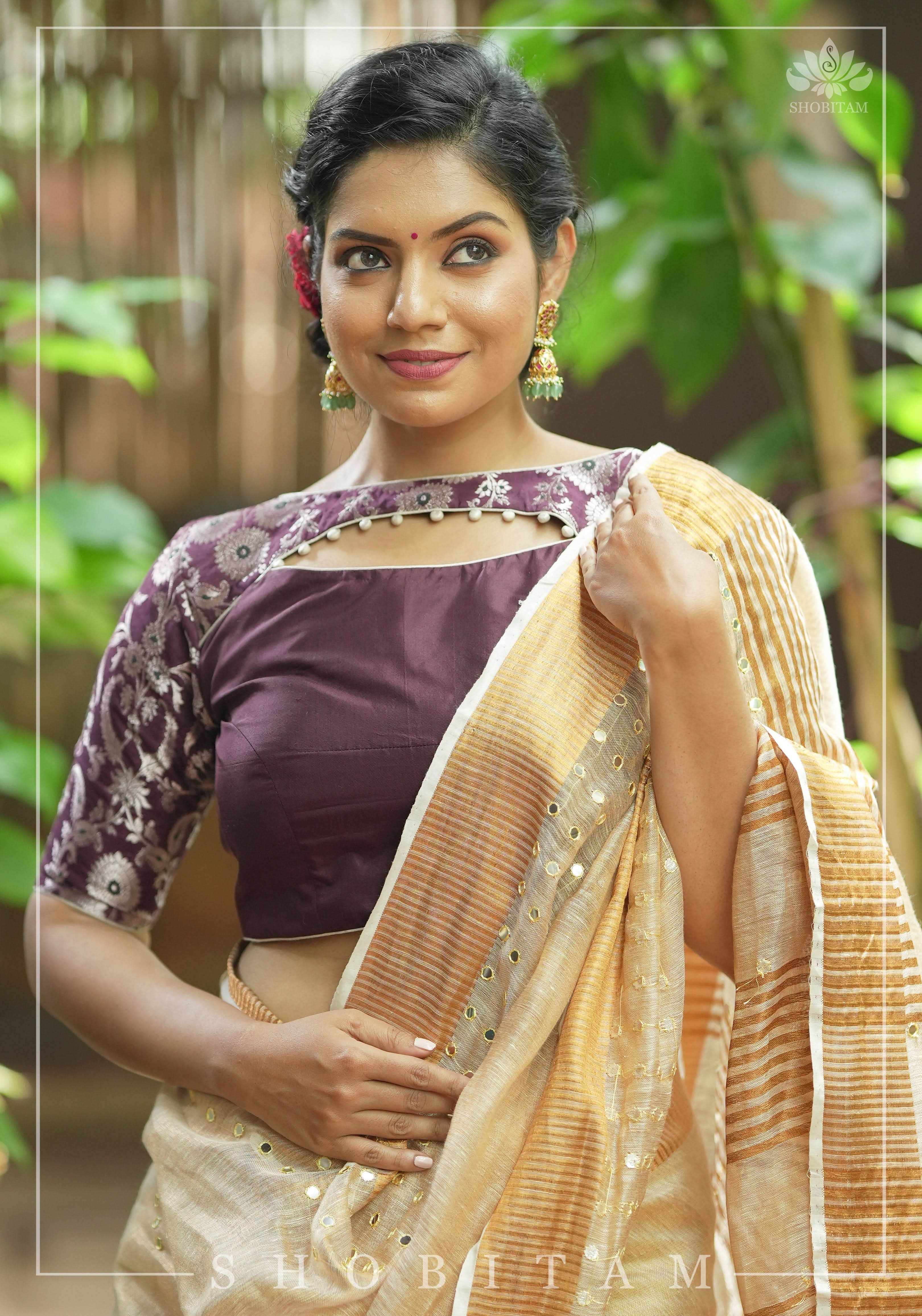 Maroon Silk with Banarasi Silver brocade Yoke with cutout design mix and match blouse for saree, Made to Order | Shobitam