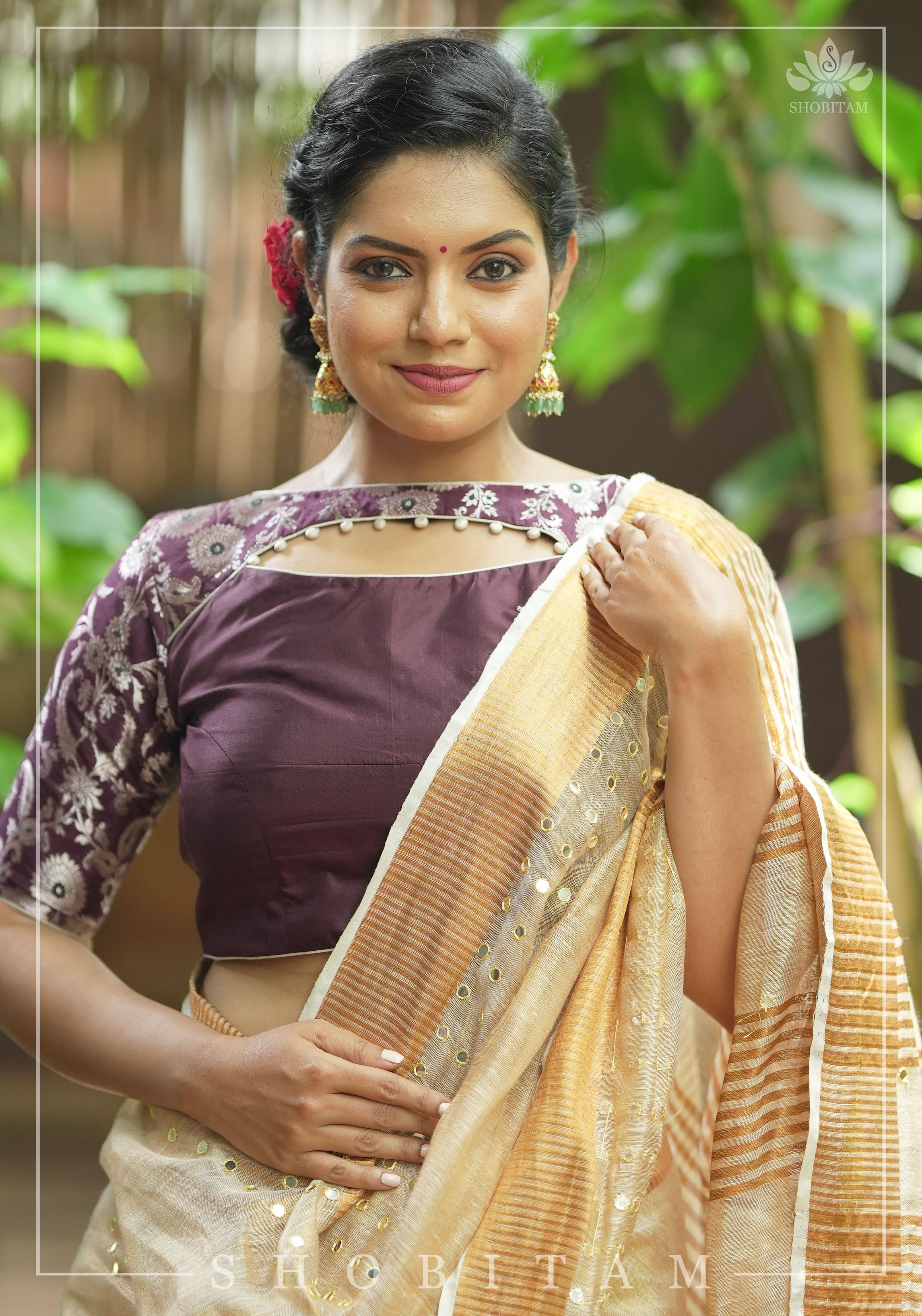 Maroon Silk with Banarasi Silver brocade Yoke with cutout design mix and match blouse for saree, Made to Order | Shobitam