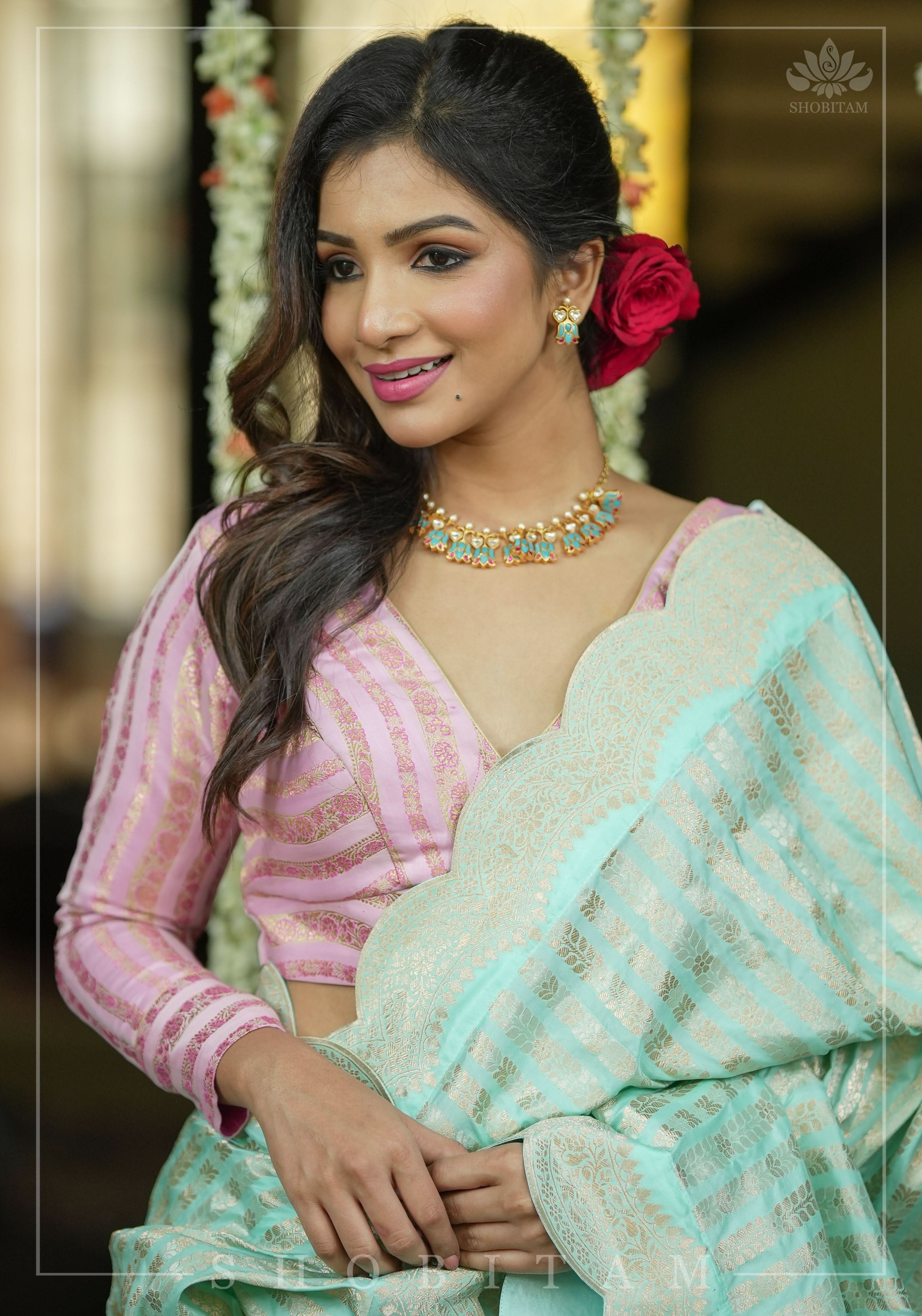 Thistle Banarasi brocade Stripes plunge neck blouse with full sleeves and Lakshmi jewel detailing, Made to Order | Shobitam
