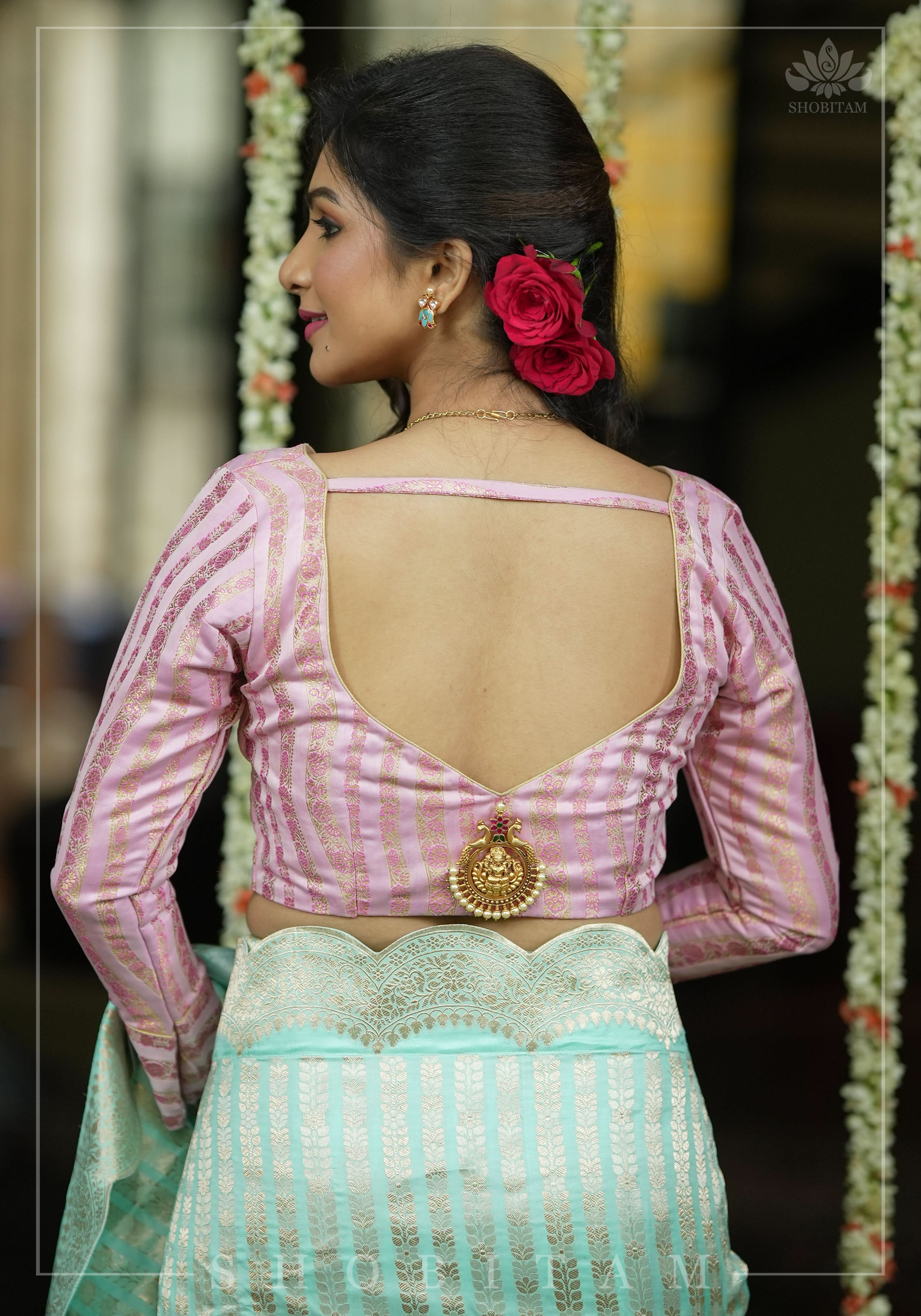 Thistle Banarasi brocade Stripes plunge neck blouse with full sleeves and Lakshmi jewel detailing, Made to Order | Shobitam