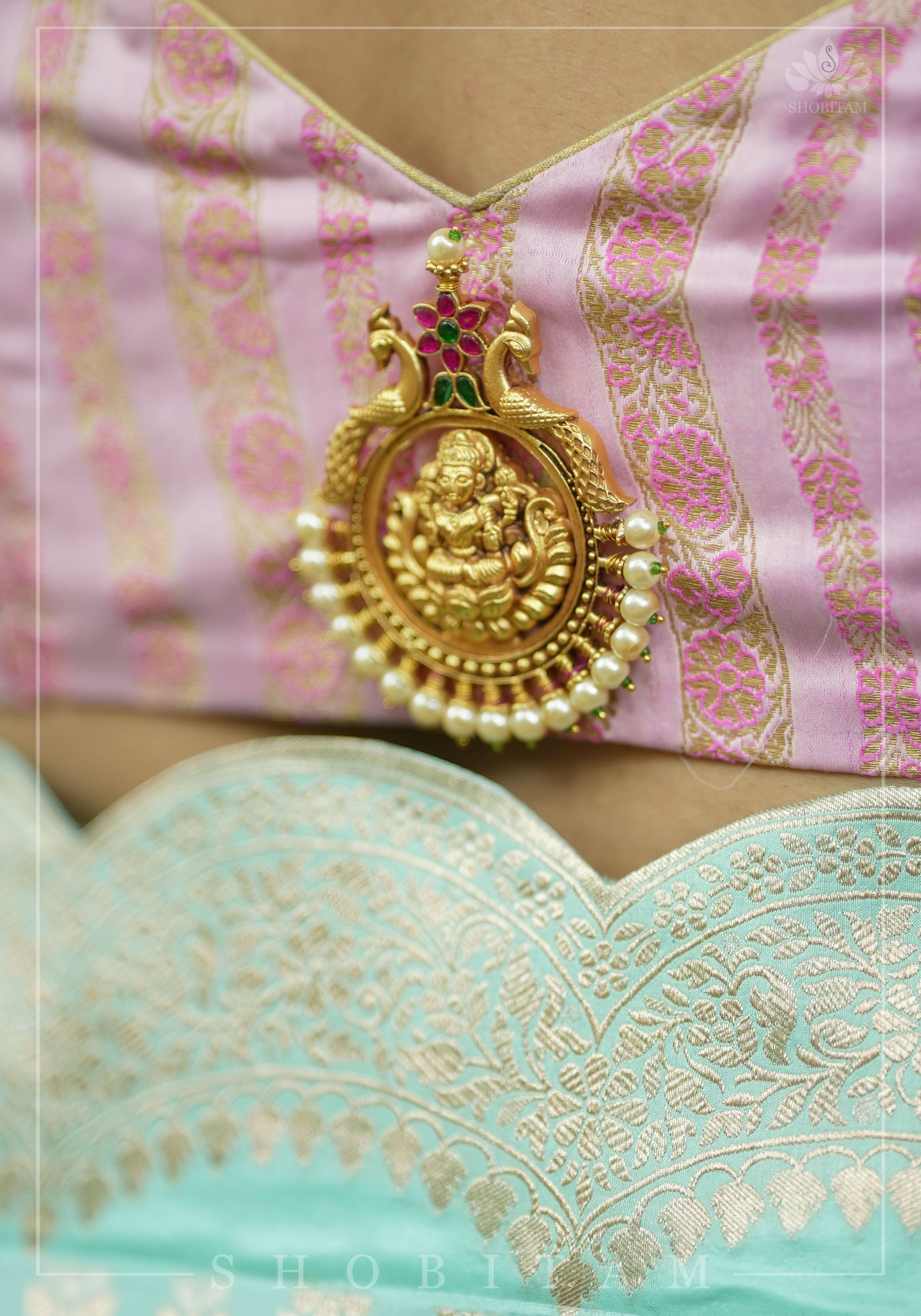 Thistle Banarasi brocade Stripes plunge neck blouse with full sleeves and Lakshmi jewel detailing, Made to Order | Shobitam