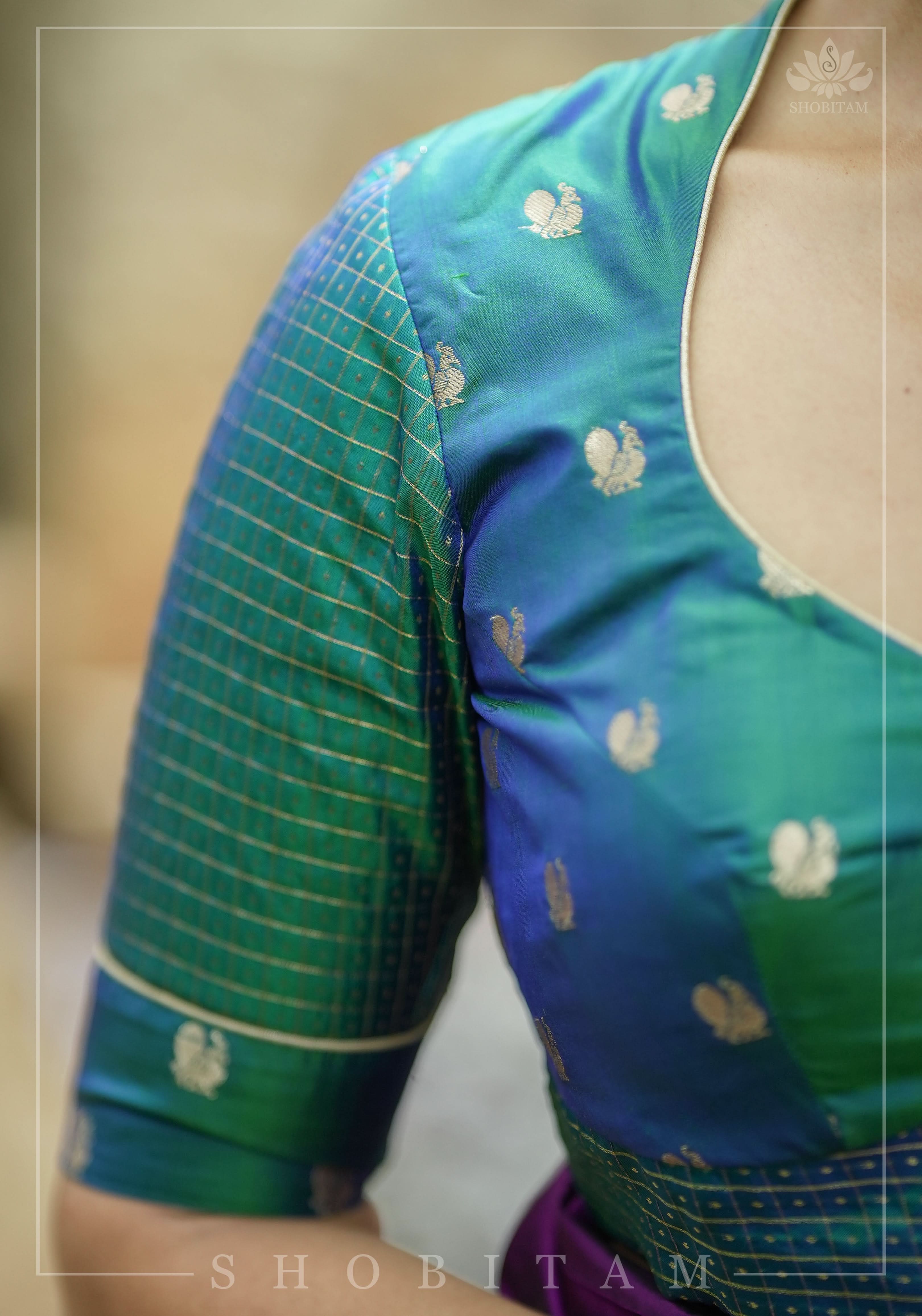 Pure Kanjivaram Silk Peacock Butti and checks Matka Neck Mix and Match Blouse for saree, Made to Order | Shobitam