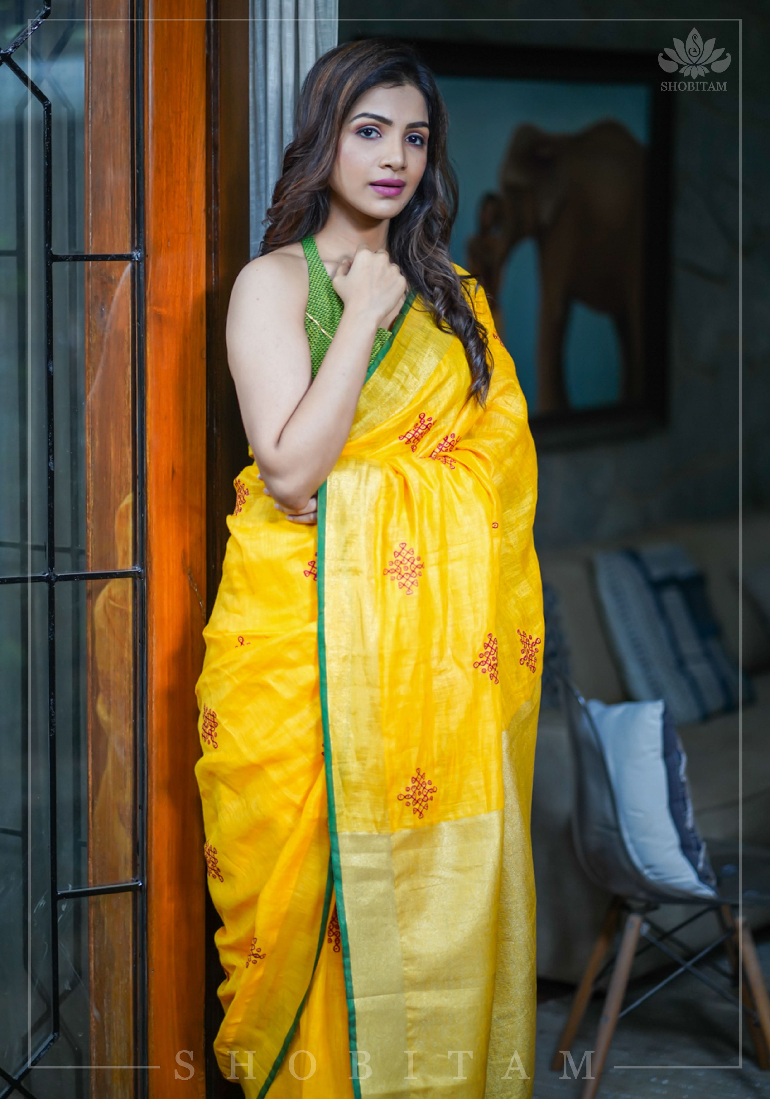 Shobitam Exclusive - Rangoli Embroidered Border on Pure Linen by Linen Saree in Yellow, Gold and Green