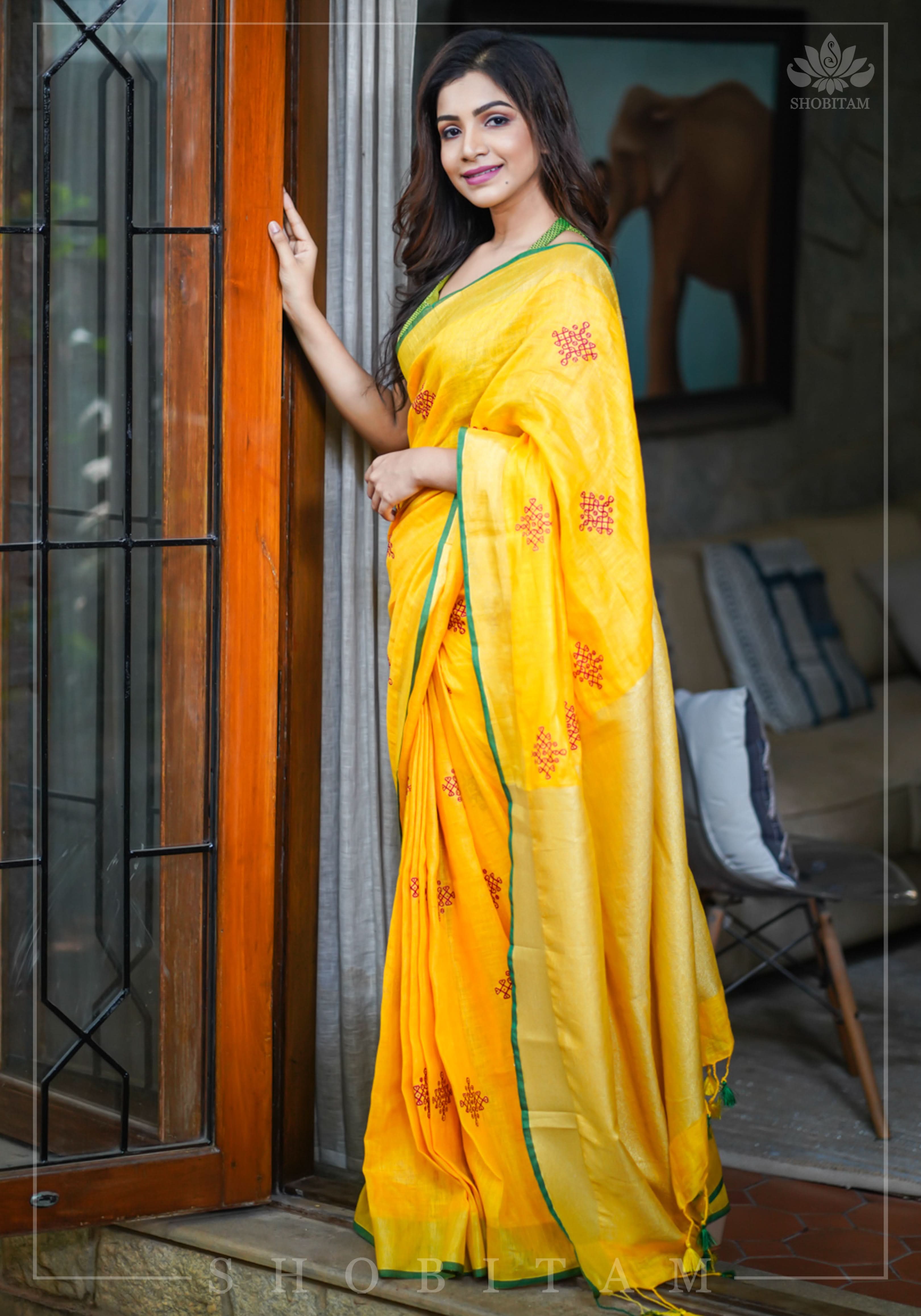 Shobitam Exclusive - Rangoli Embroidered Border on Pure Linen by Linen Saree in Yellow, Gold and Green