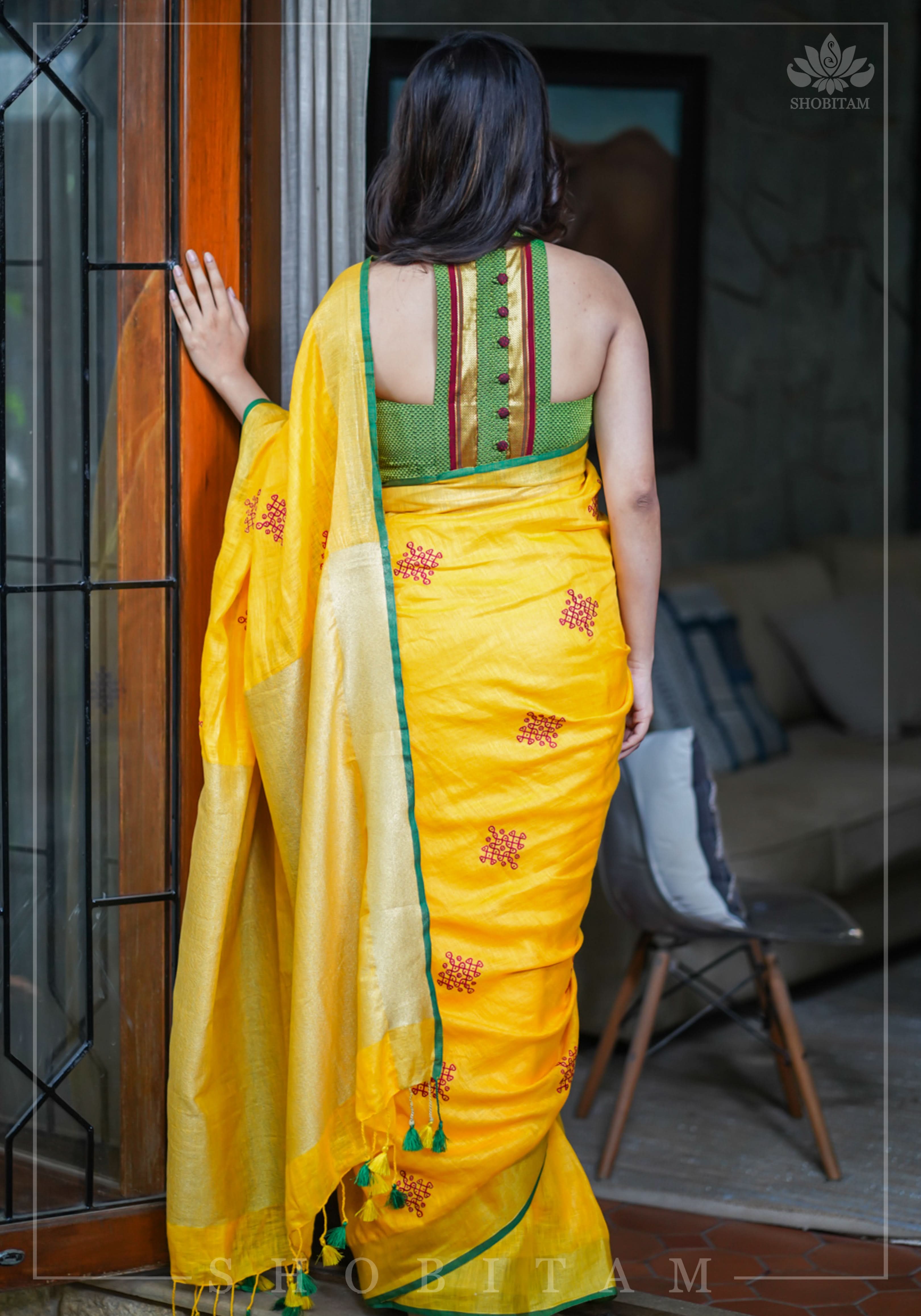 Shobitam Exclusive - Rangoli Embroidered Border on Pure Linen by Linen Saree in Yellow, Gold and Green