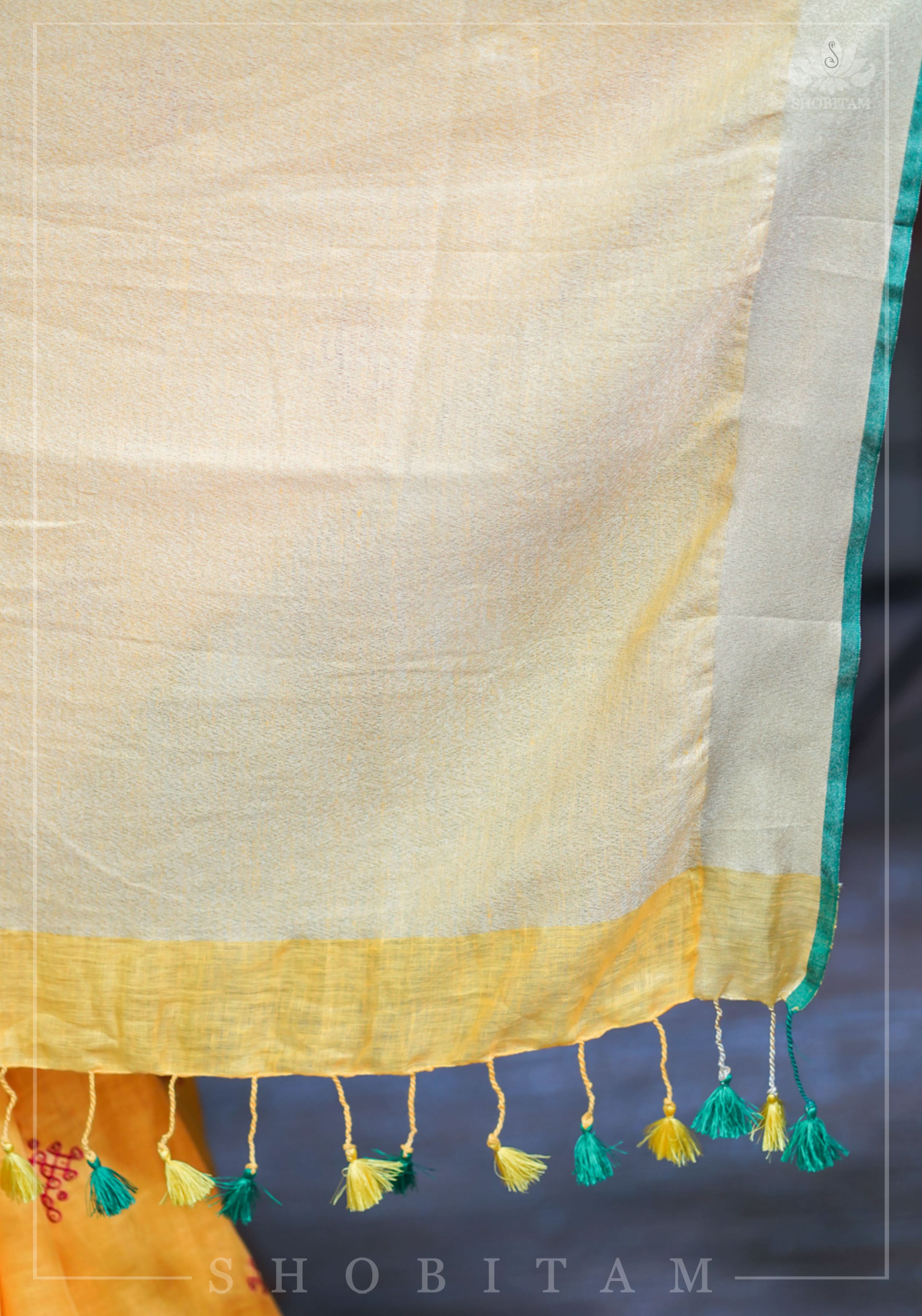 Shobitam Exclusive - Rangoli Embroidered Border on Pure Linen by Linen Saree in Yellow, Gold and Green