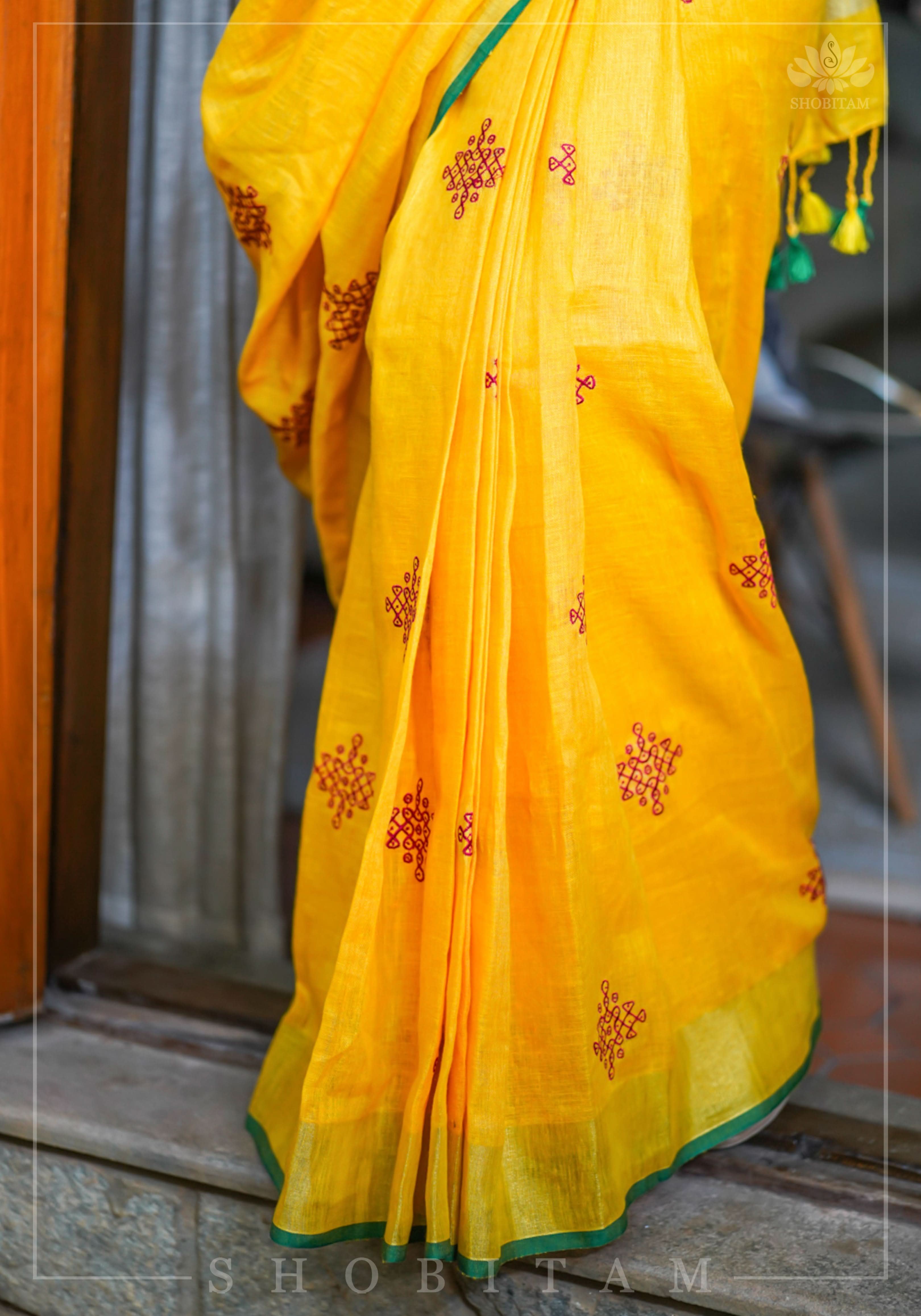 Shobitam Exclusive - Rangoli Embroidered Border on Pure Linen by Linen Saree in Yellow, Gold and Green