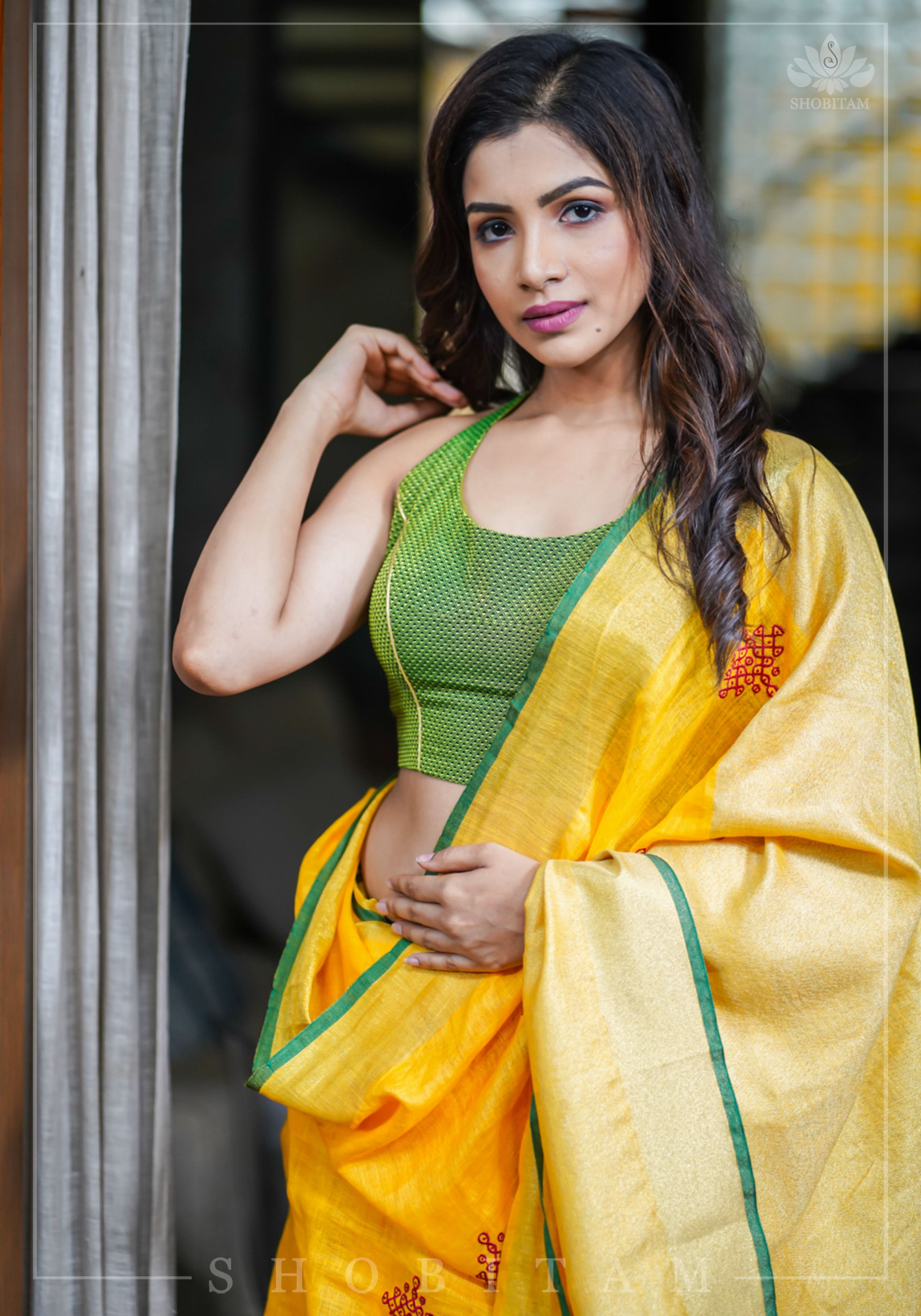 Shobitam Exclusive - Rangoli Embroidered Border on Pure Linen by Linen Saree in Yellow, Gold and Green