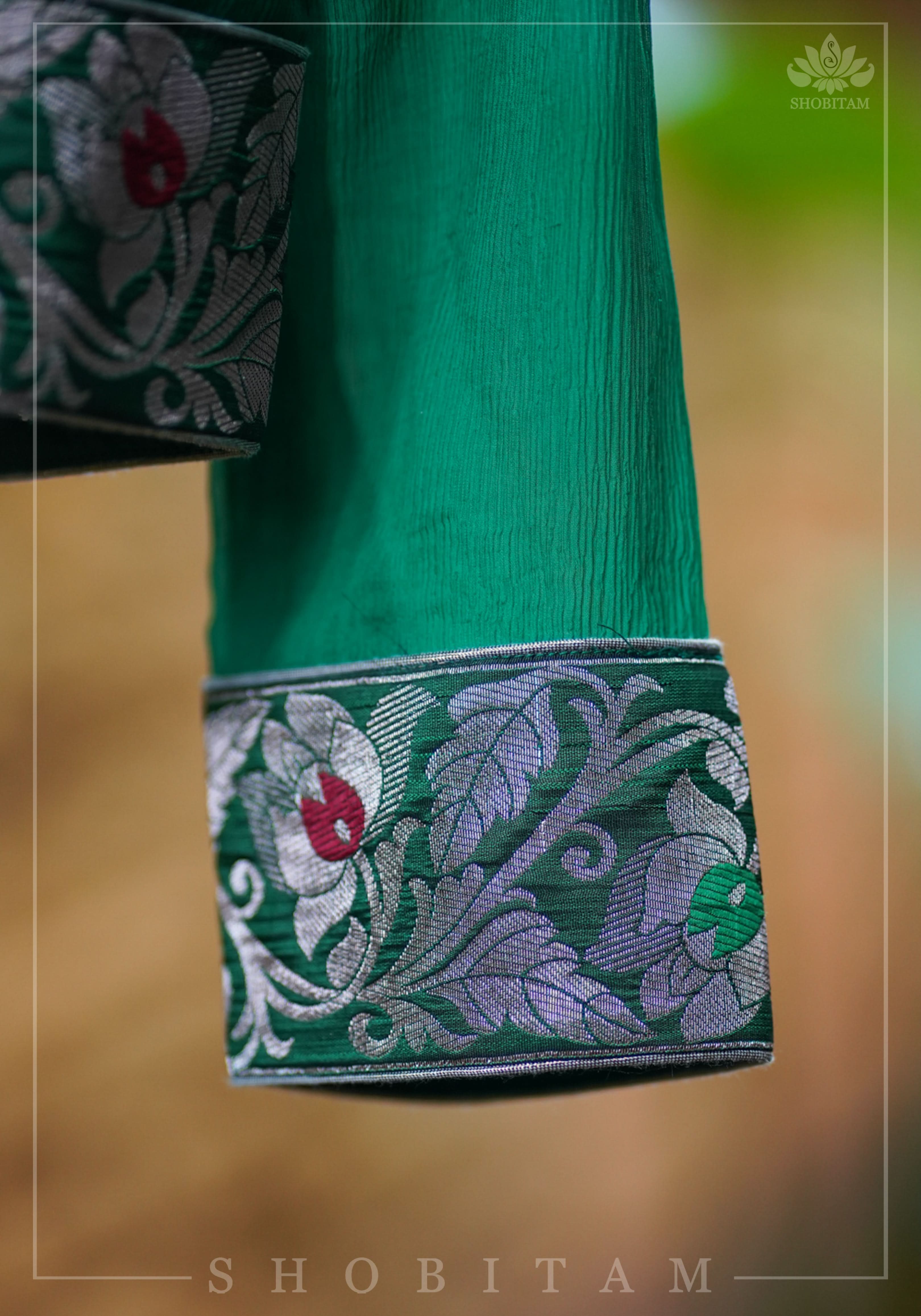 Rama green pure chiffon blouse with brocade detailing and sheer sleeves | Shobitam