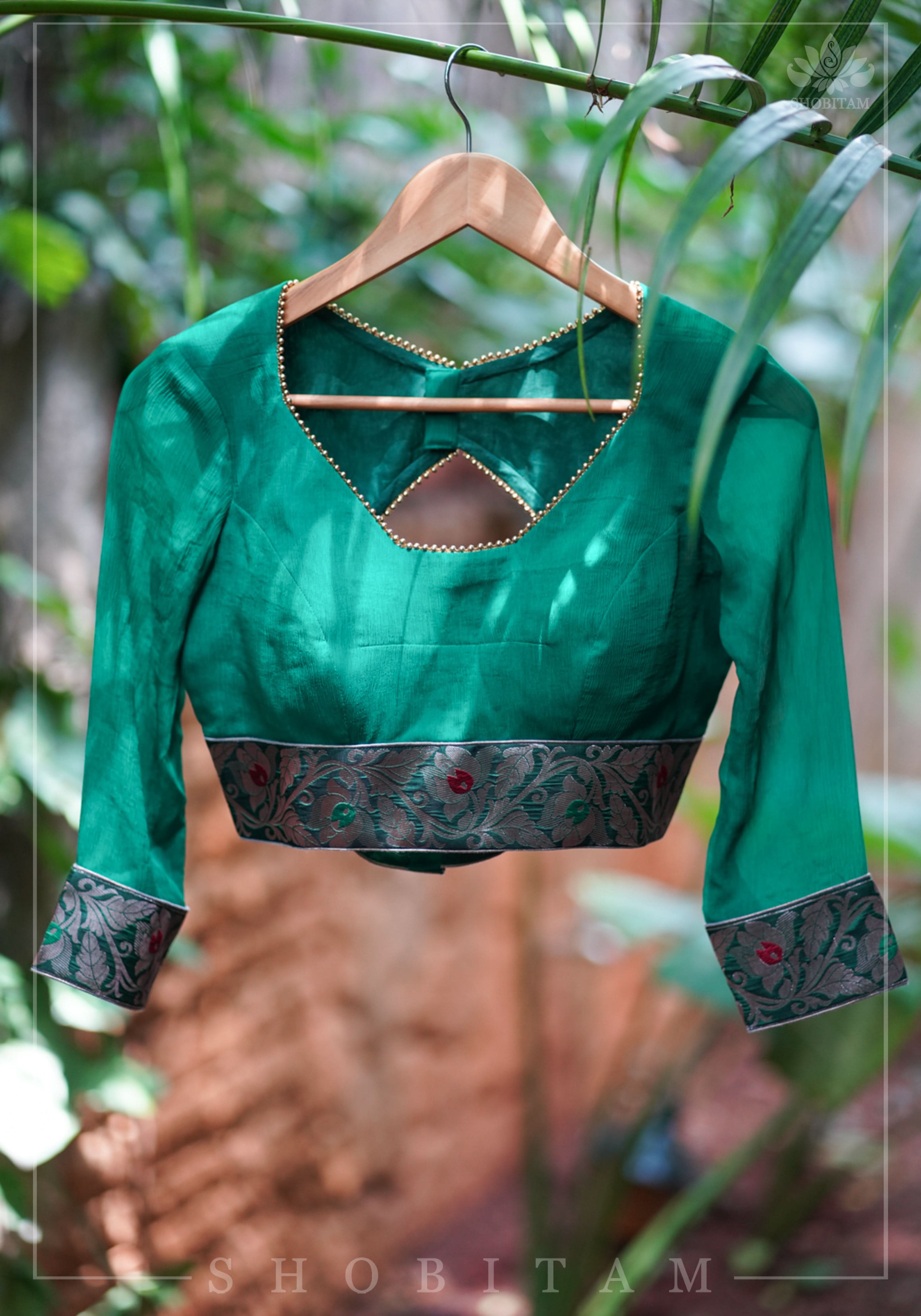 Rama green pure chiffon blouse with brocade detailing and sheer sleeves | Shobitam