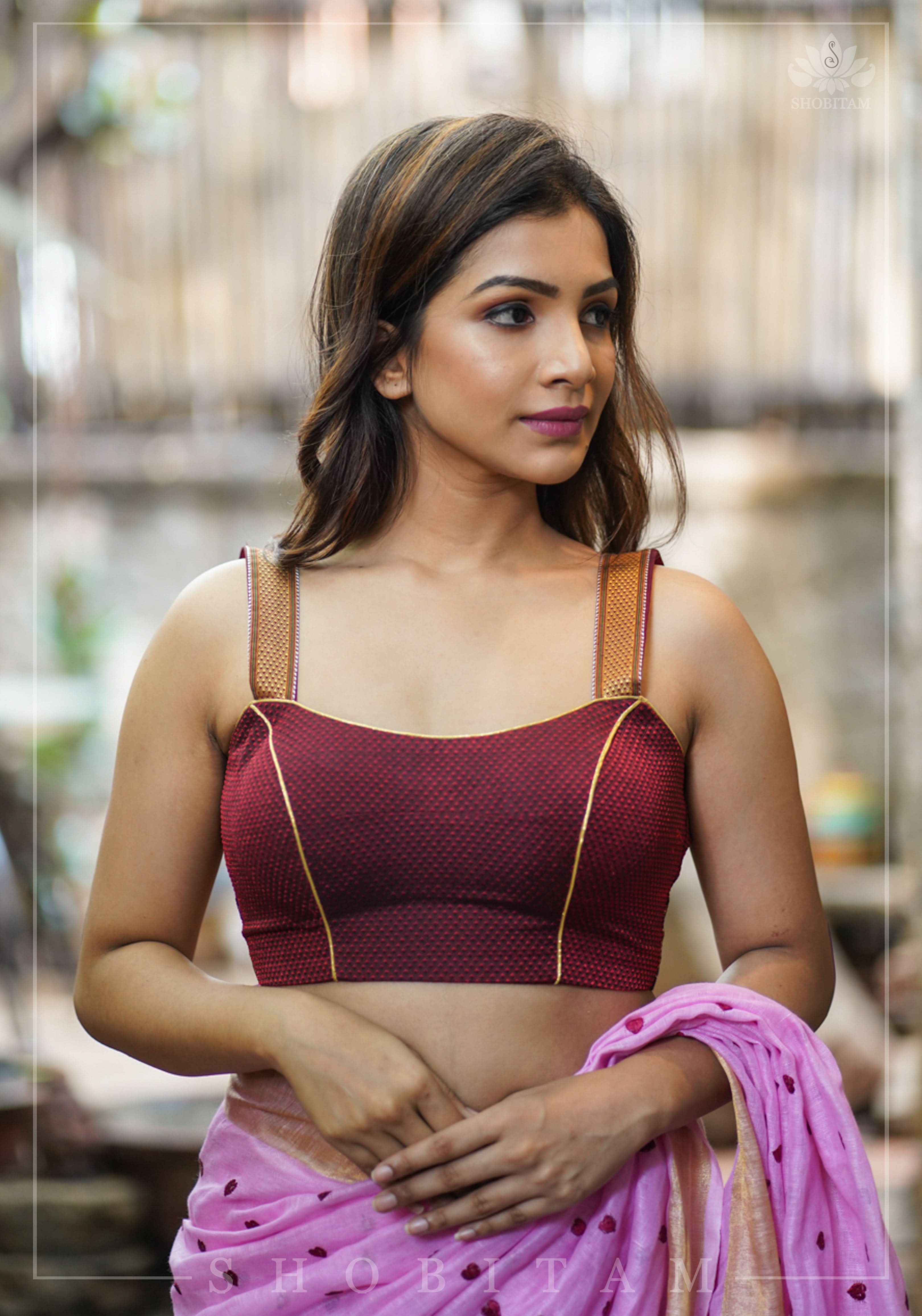 Maroon khana silk sweet heart strappy blouse | Shobitam