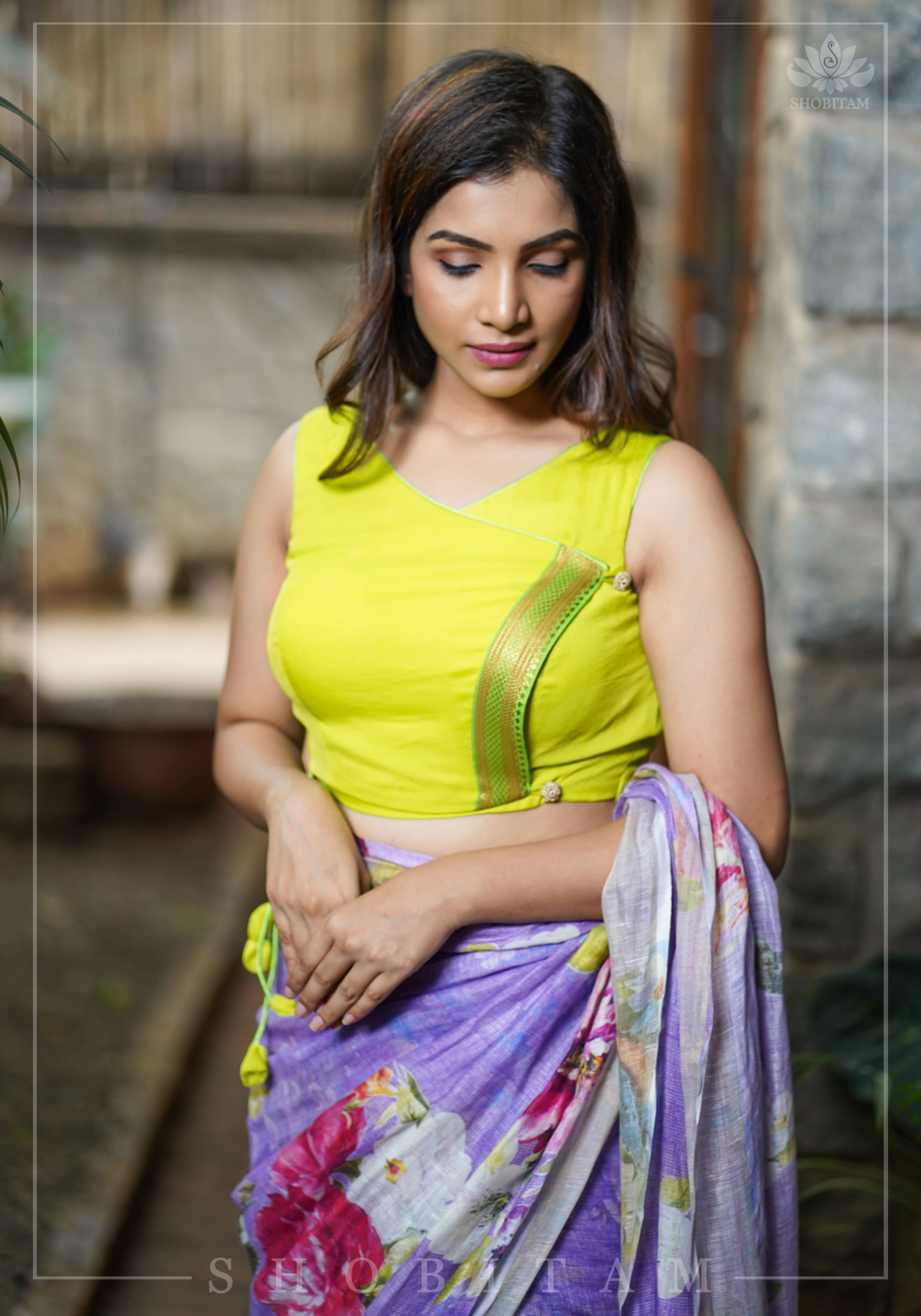 Lime Green Chiffon Crossover Blouse with Zari Detailing | Shobitam