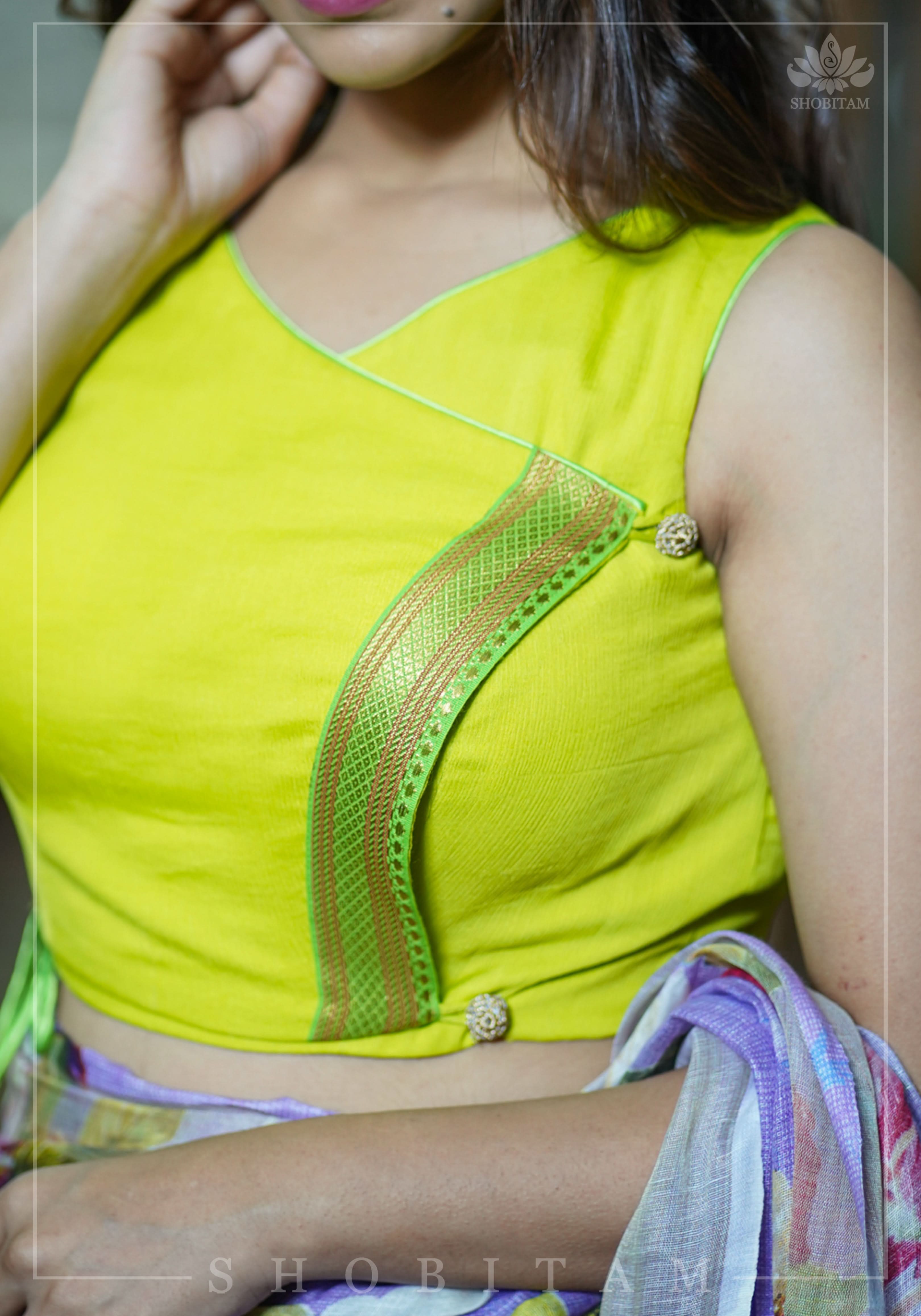 Lime Green Chiffon Crossover Blouse with Zari Detailing | Shobitam
