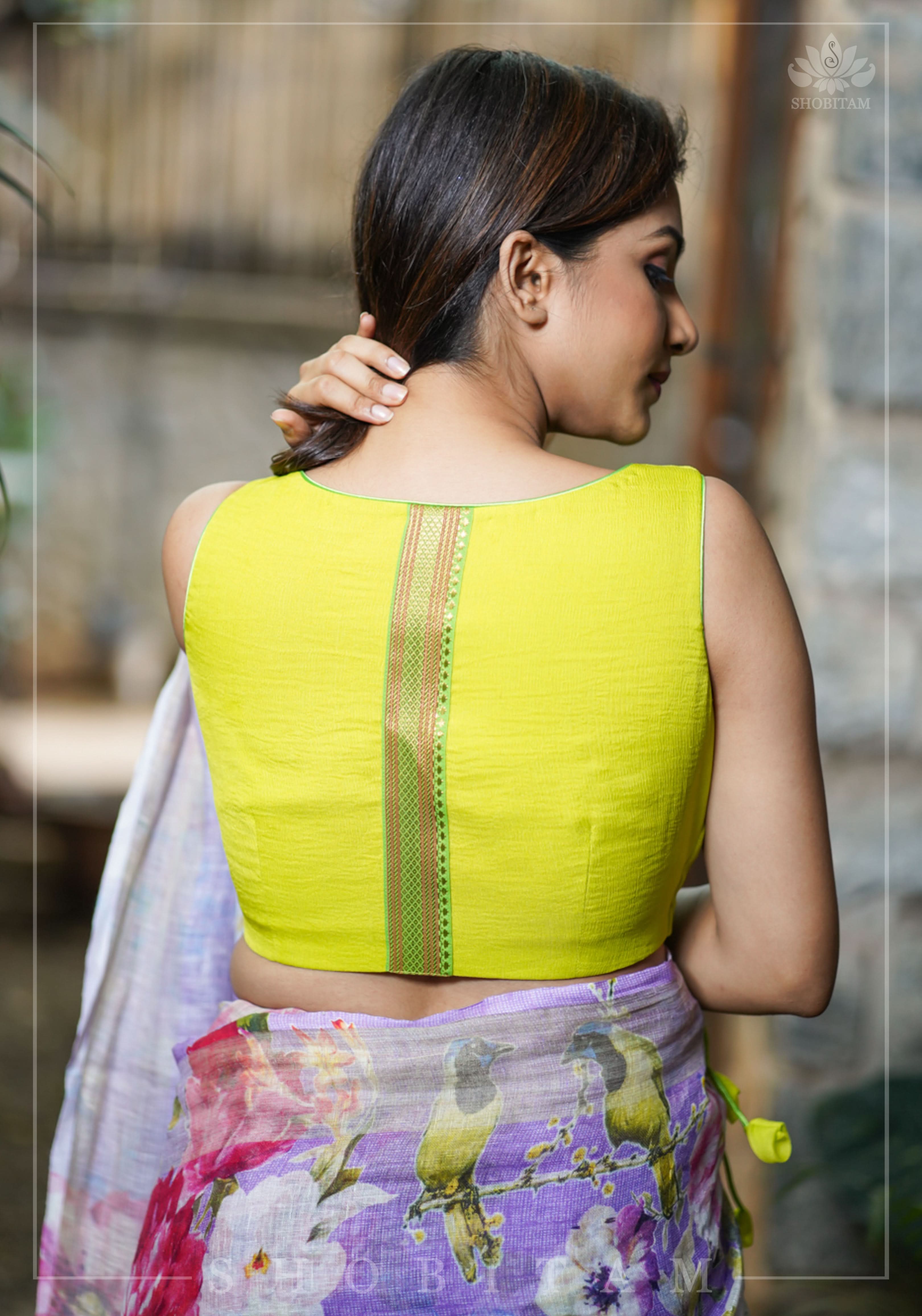 Lime Green Chiffon Crossover Blouse with Zari Detailing | Shobitam